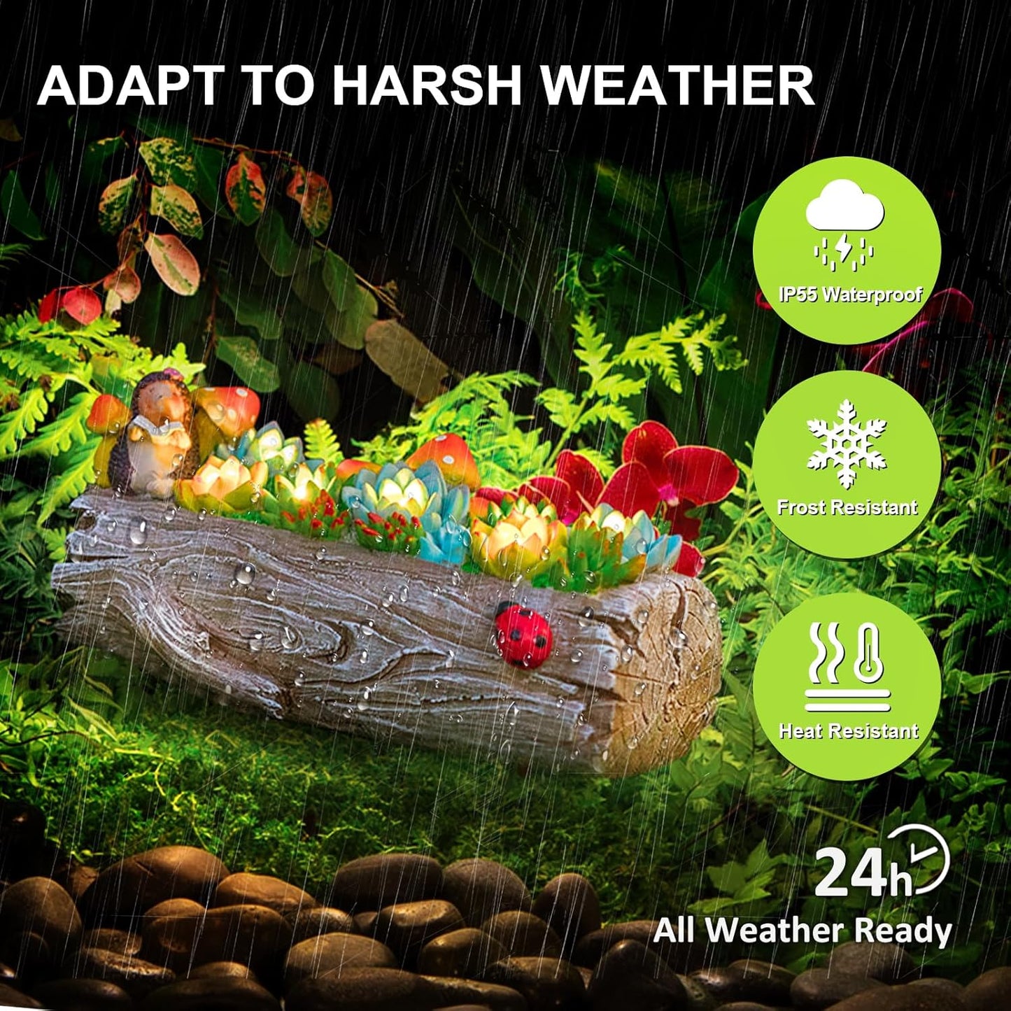 Garden Solar Figurine Light - Stump Succulent Solar Light Outdoor, Solar Powered Lighting Outside Decorations Yard Art Lawn Ornaments for Porch Patio Balcony - Succulent Gifts for Women Mom