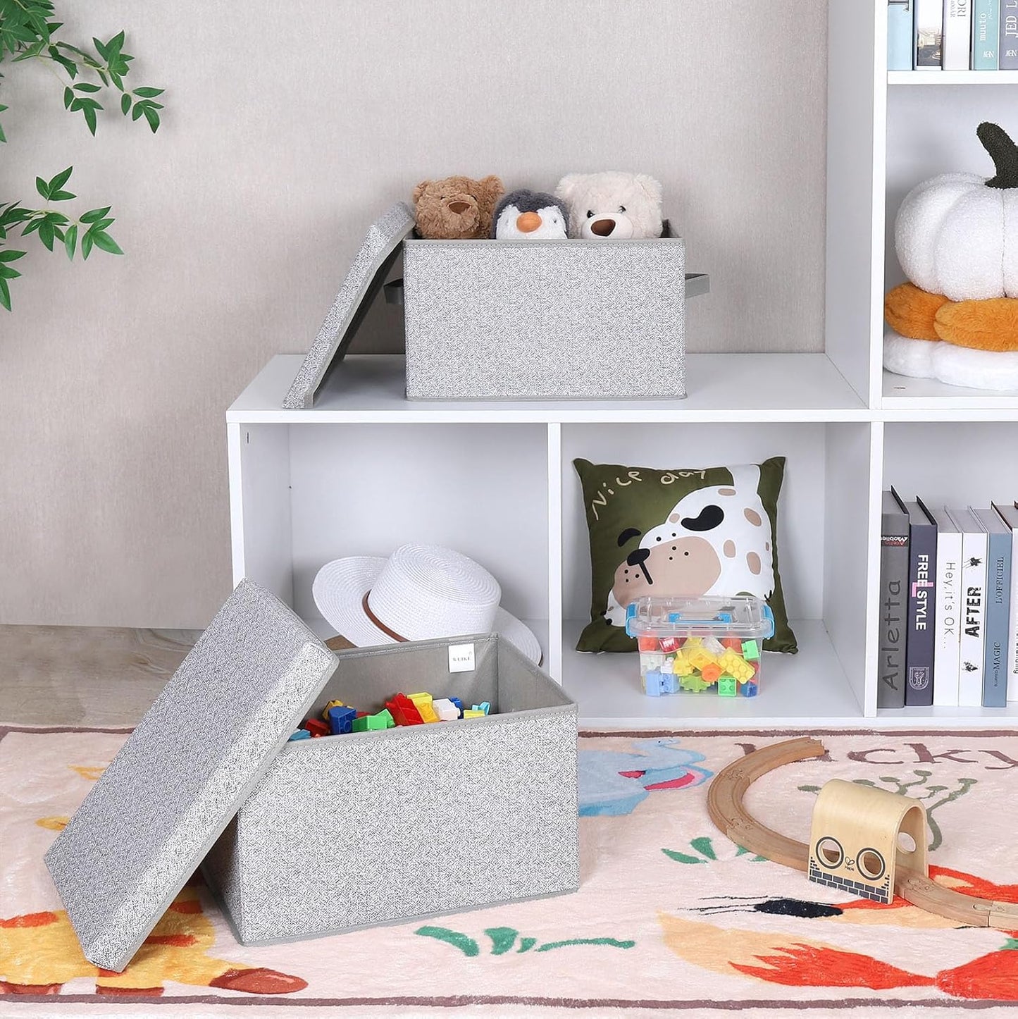 WUIKE Foldable Storage Bins with Lids, Storage Boxes with Handles, Closet Shelf Organizer, Fabric Storage Baskets for Bedroom, Decorative Storage Containers, Large, Ash Gray, 3-Pack