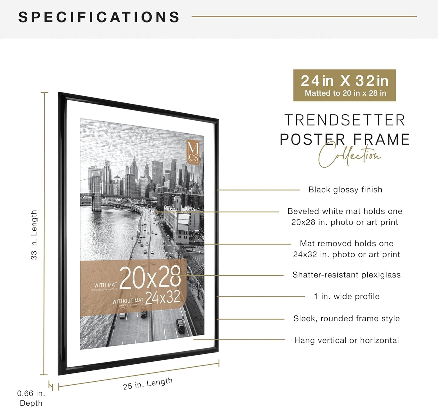 MCS Trendsetter 24x32 Matted Poster Frame with 20x28 Picture Display, Black Vertical & Horizontal Wall Hanging Large Picture Frame for Photos & Posters (1-Pack)
