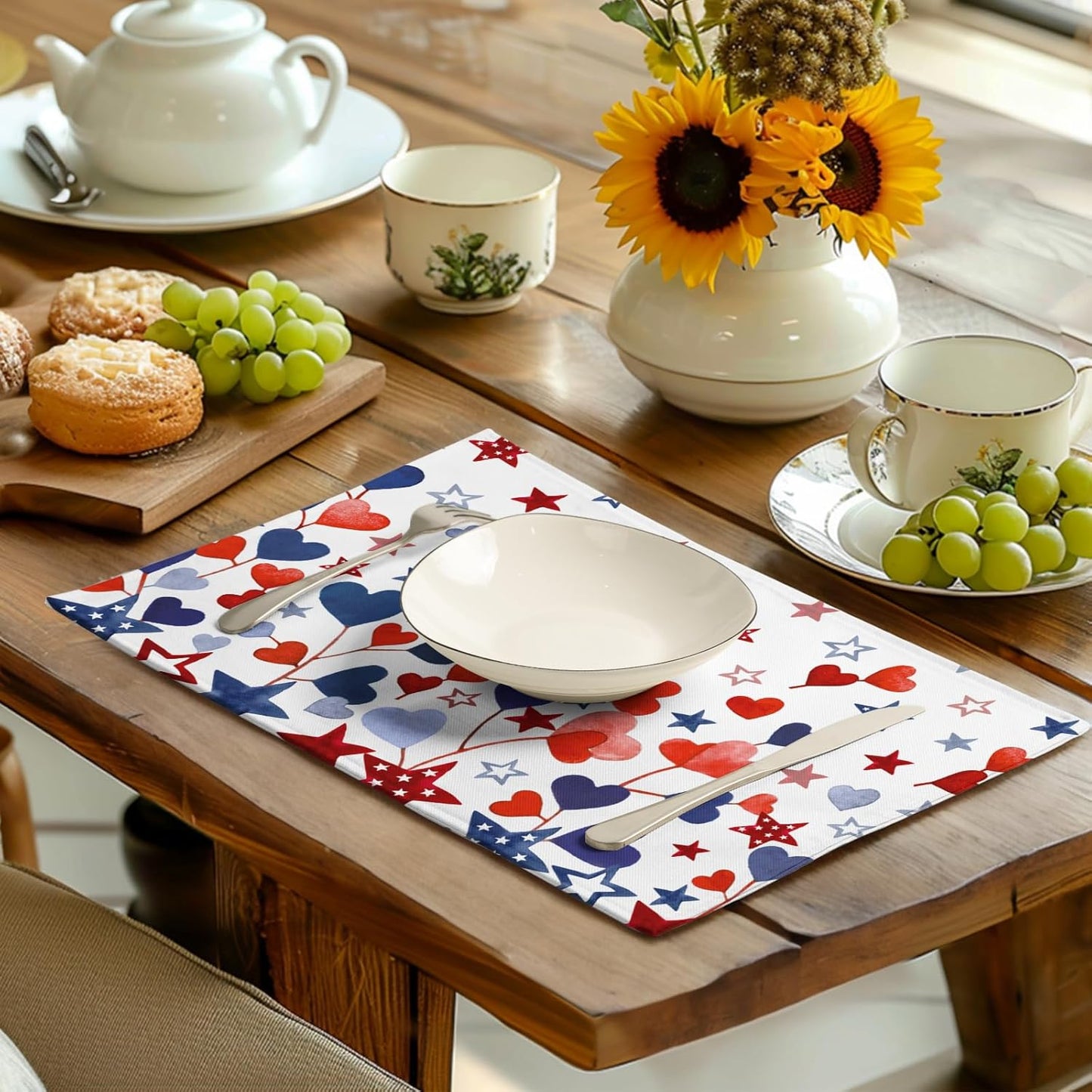 Red Blue Heart Stars 4th of July Placemats Set of 4 Patriotic America Independence Memorial Day Linen Table Mats 12x18 Inch Washable Place Mats for Party Kitchen Dining Outdoor Indoor Decor