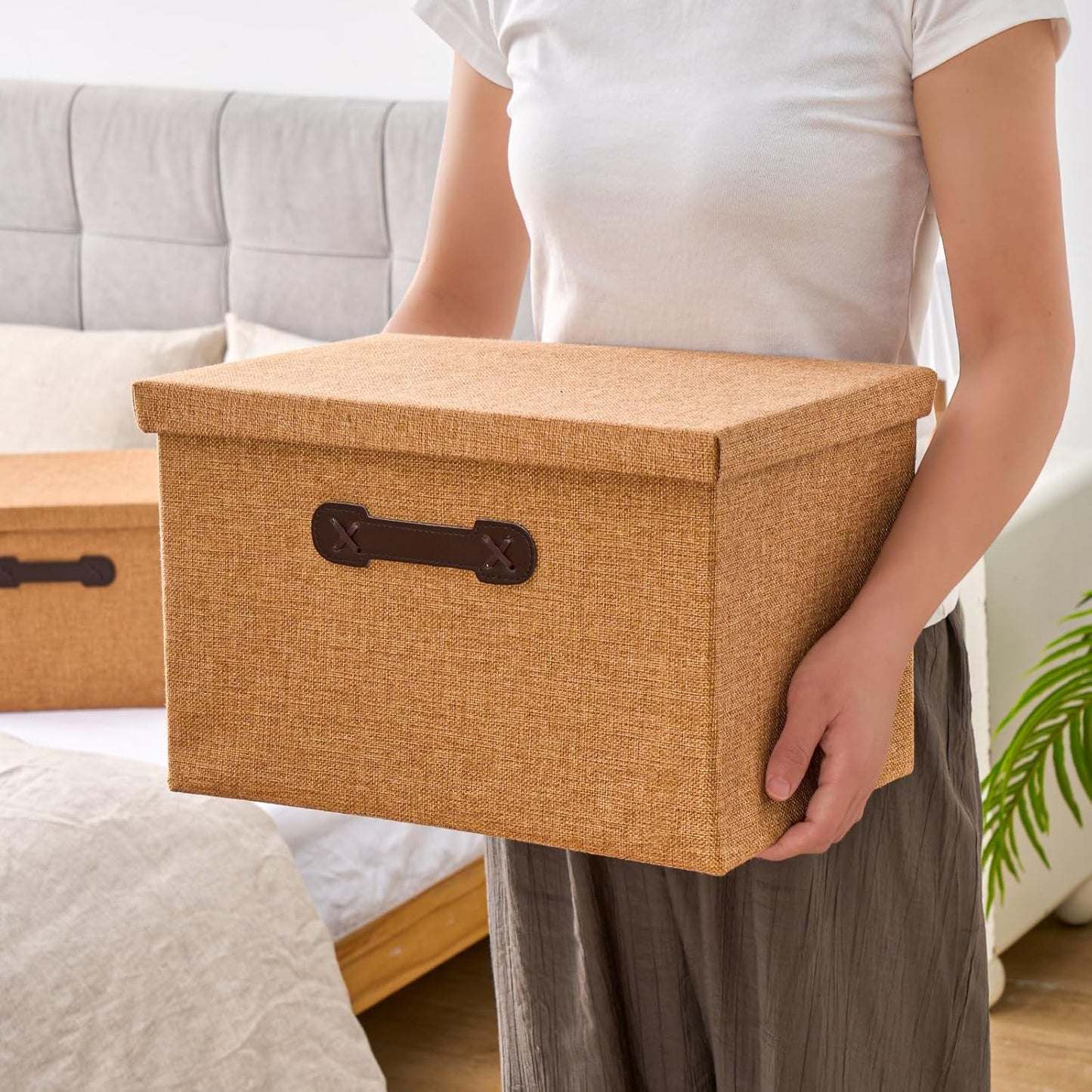 Enzk&Unity Decorative Storage Bins with Lids, Fabric Linen Foldable Storage Box with Handle Home Organizer for Shelf, Closet, Bedroom, Living Room, Office, 3 Packs, Brown