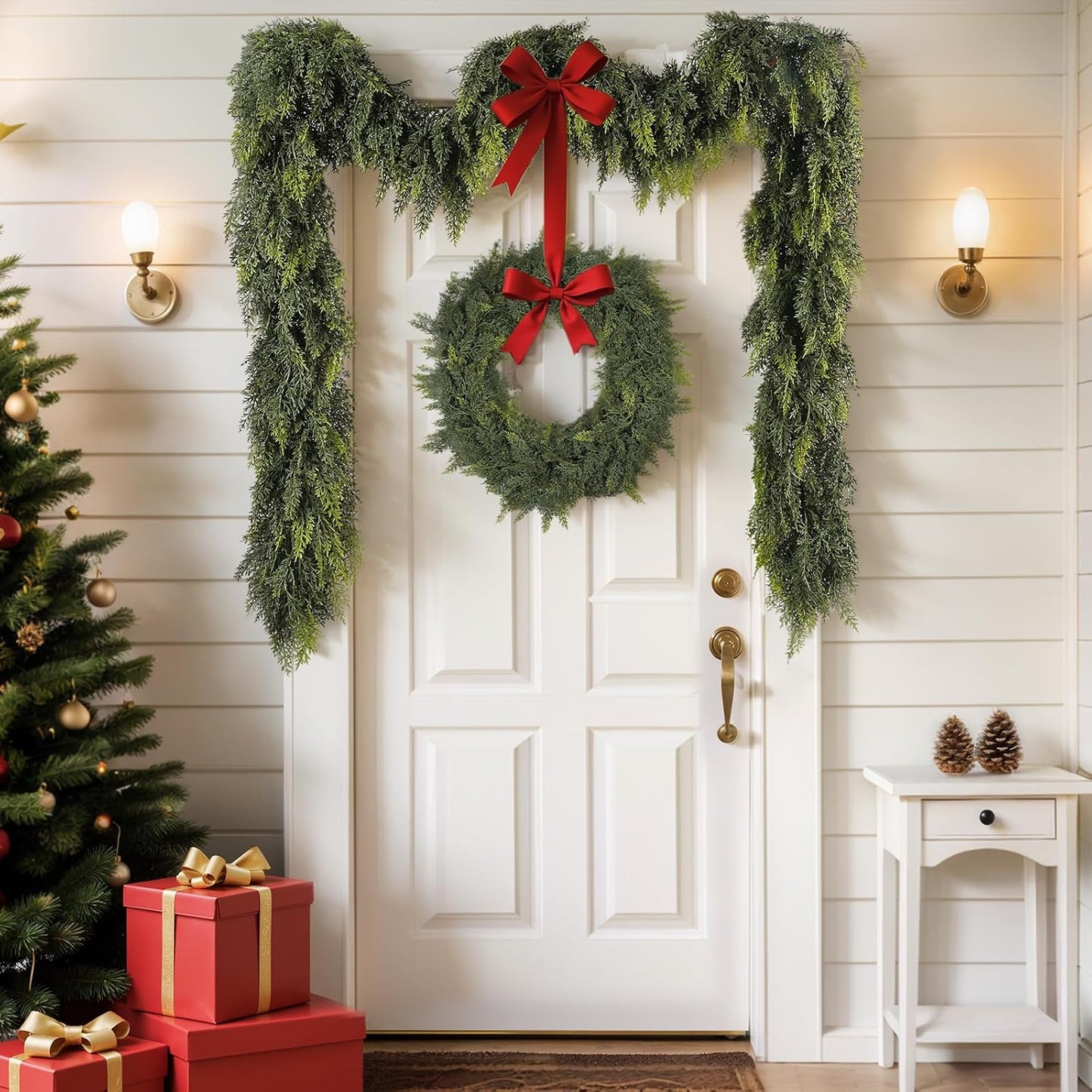 9 ft Christmas Garland, Cedar Garland, Real Touch Cypress Garlands, Green Artificial Greenery Garland for Mantel Indoor Outdoor Christmas Decorations