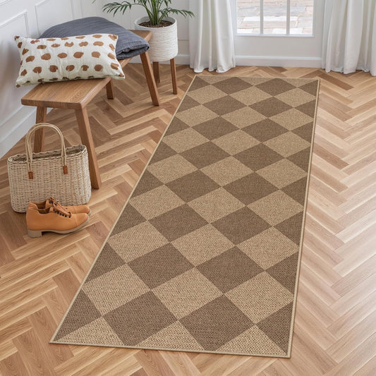 Lahome Checkered Easy Jute Runner Rug, 2x6 Kitchen Mats for Floor Non Slip Washable Entryway Runner, Checkerboard Nature Indoor Outdoor Carpet for Hallway 6ft Entry