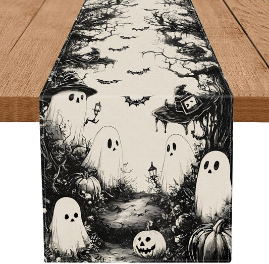 GPGHE Halloween Table Runner Black Ghost Holiday Burlap Table Decoration Indoor Outdoor Home Decor Party Supply 13 x 60 Inch