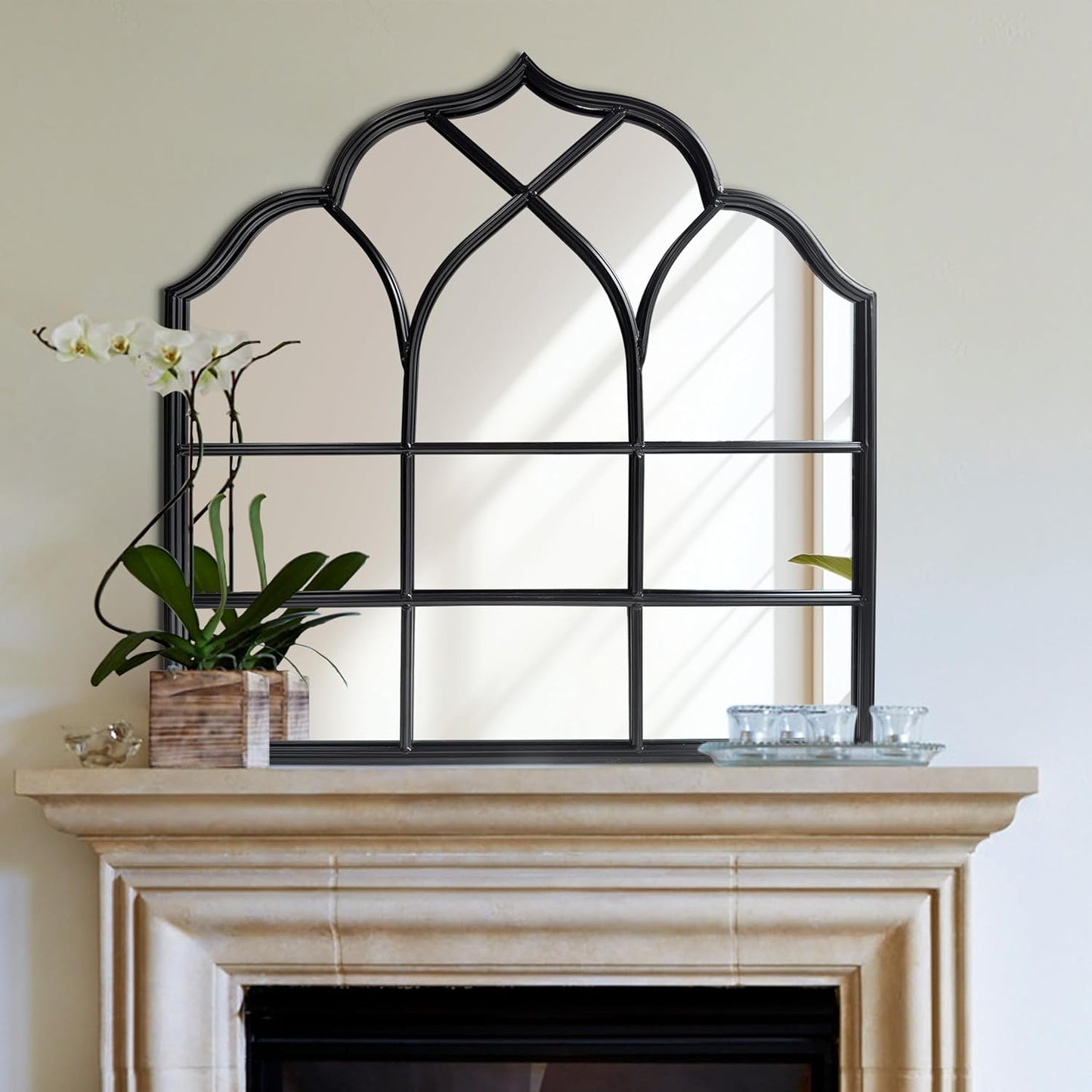 Window Mirror Pane, Black Metal Frame, Cathedral Arched Wall Mirrors Decorative Over Fireplace Mantel, Farmhouse Decorations for Dining Living Room Hallway Entryway