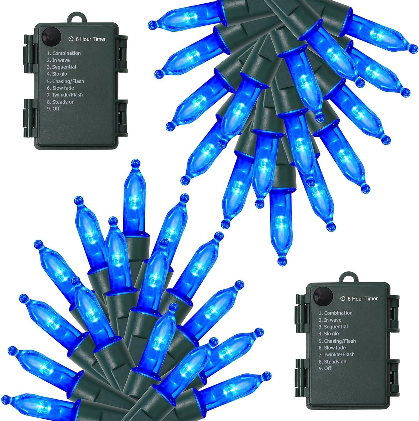 WATERGLIDE 2 Pack 50 LED Outdoor Christmas Lights, 16FT Battery Operated Mini String Lights with 8 Modes & Timer, Xmas Tree Lights Waterproof for Patio Garden Party Wedding Holiday Decor, Blue