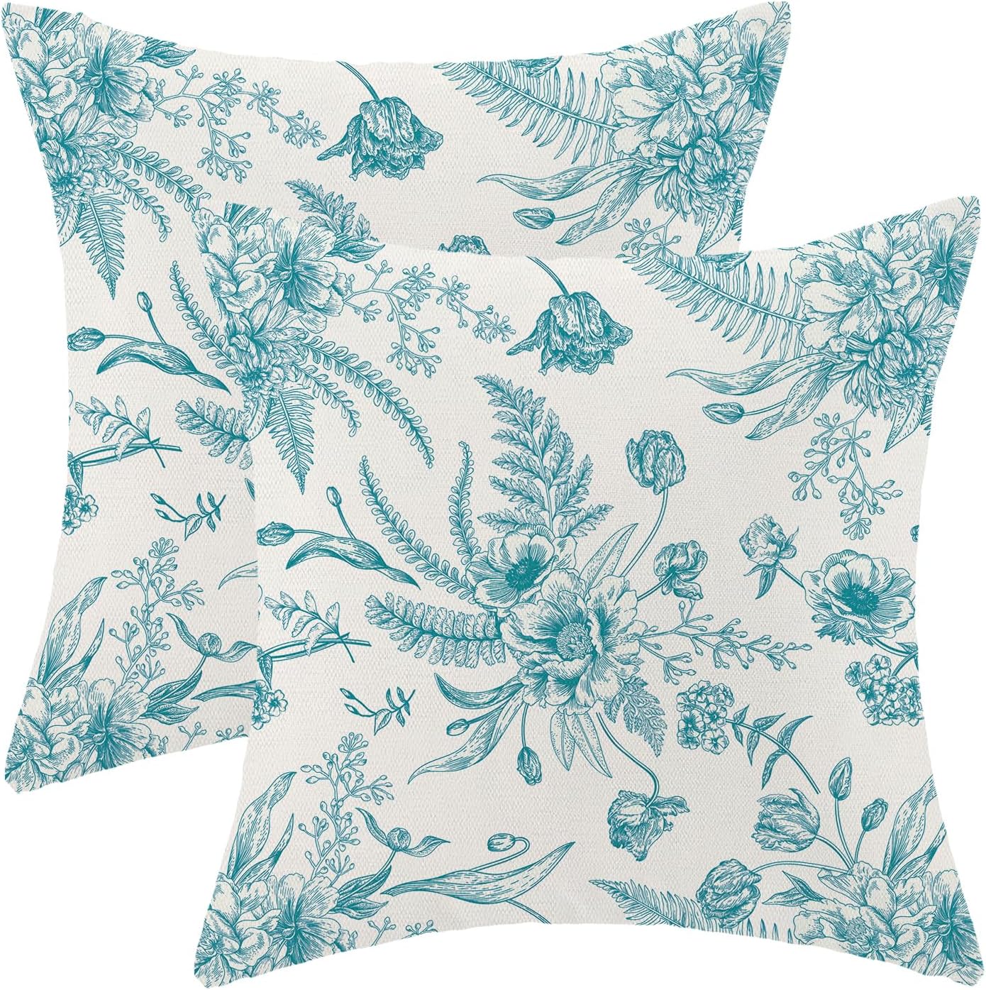CXMEIFLY Aqua Teal Spring Pillow Covers 18 x 18 Inch Set of 2 for Chinoiserie Flowers Decor Throw Pillows Floral Leaves Seasonal Plant Outdoor Decorative Cushion Cases for Couch Bed Decorations