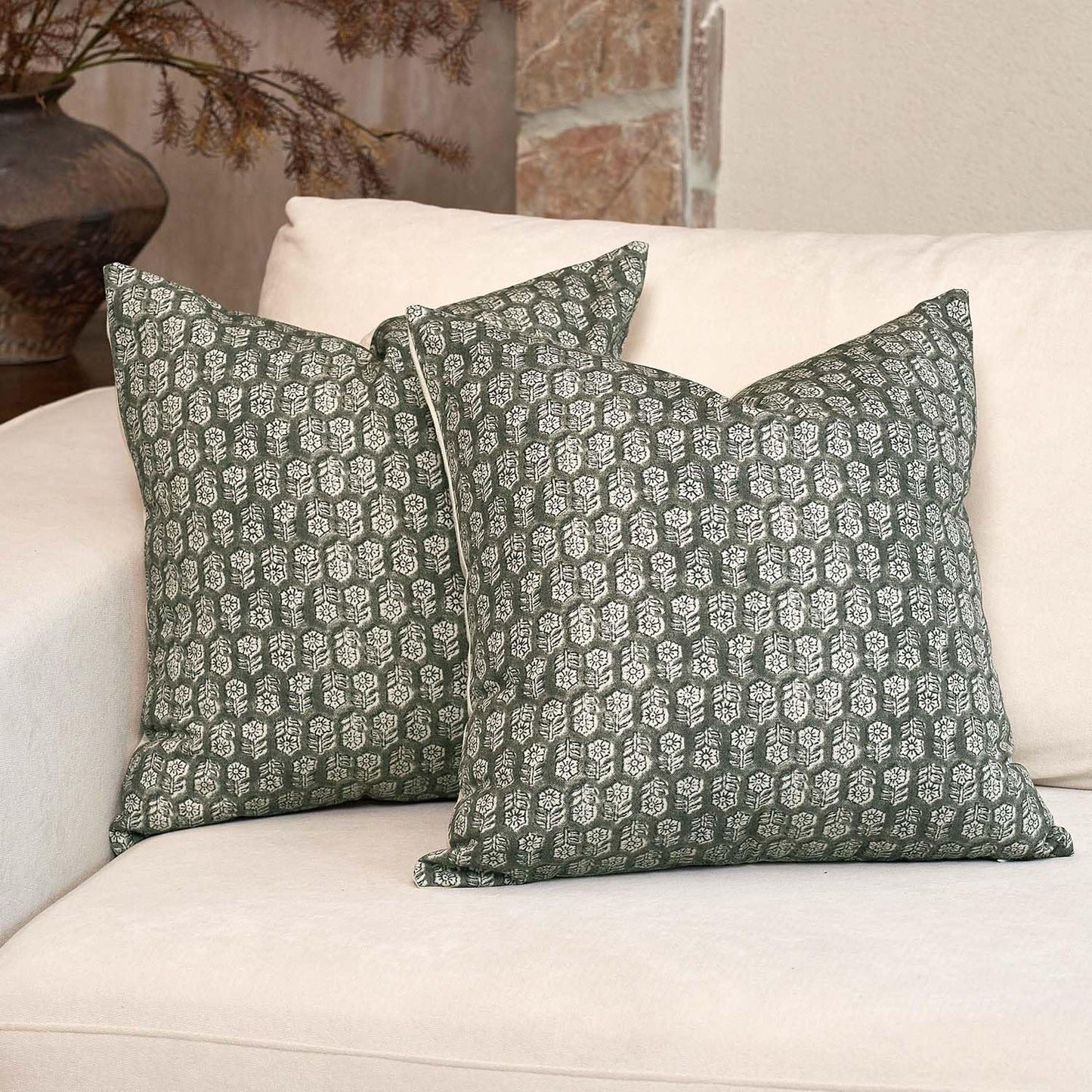 DOMVITUS Floral Pillow Covers Set of 2, 24x24 Pillow Covers, Floral Print Neutral Accent Decorative Pillow Covers for Living Room, Bed, Mineral Green