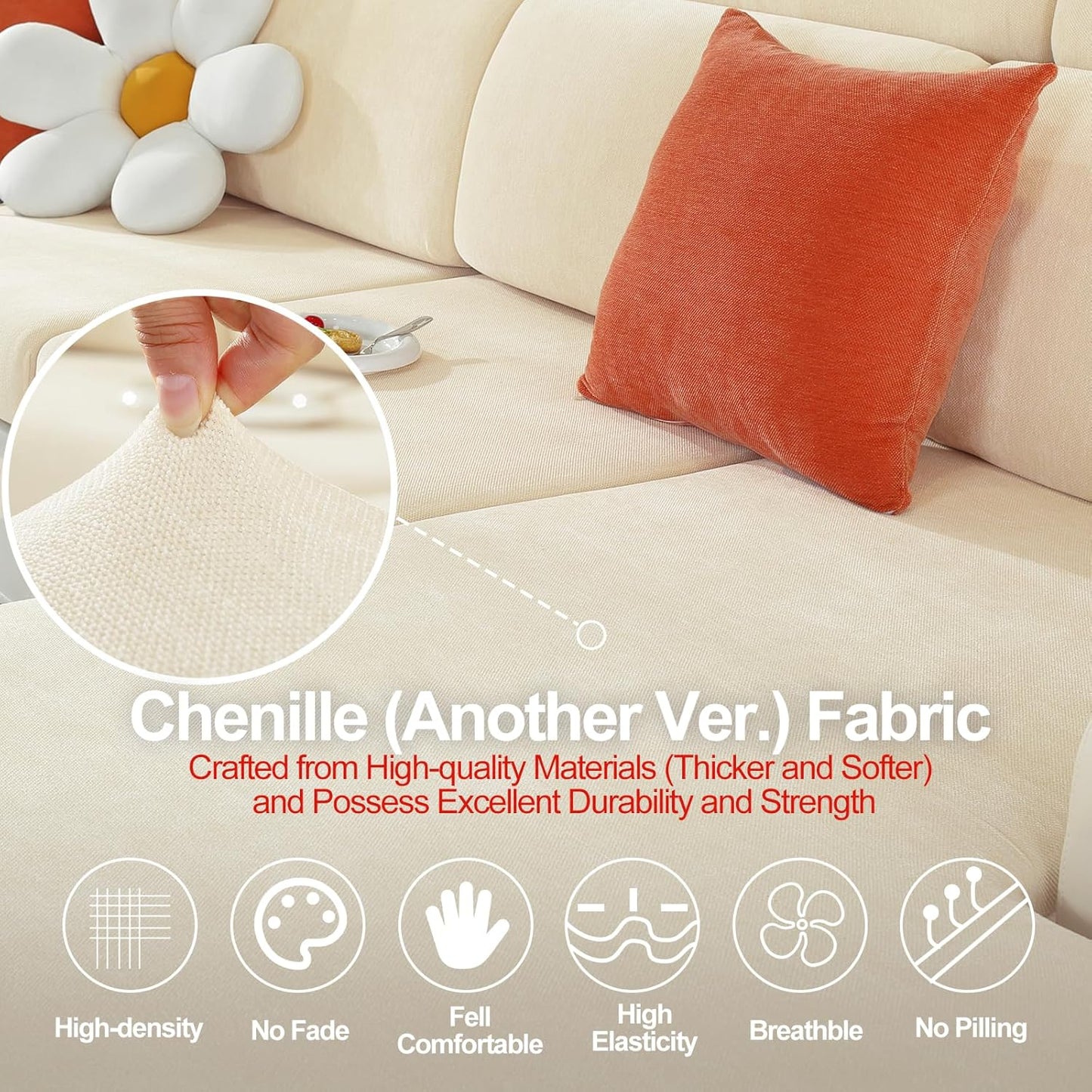 Chaise Cushion Cover for Sectional Sofa, Softer Chenille Sofa Cover for L Shaped Couch (Left or Right Facing), Stretch Chaise Couch Slipcover (Only 1 Piece, Beige)