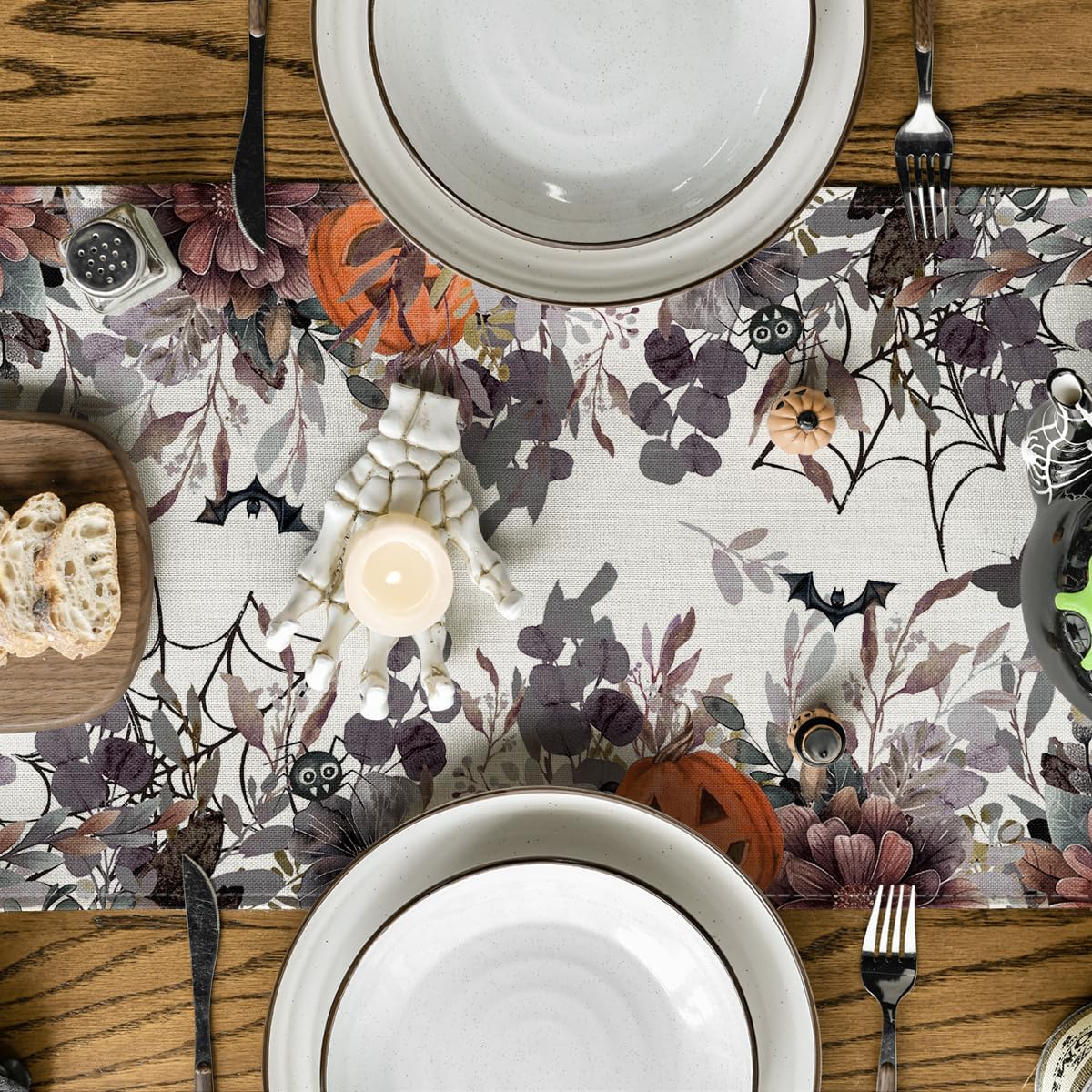 Artoid Mode Jack-O'-Lantern Pumpkin Floral Ghost Halloween Table Runner, Eucalyptus Kitchen Dining Table Decoration for Home Party Decor 13x120 Inch