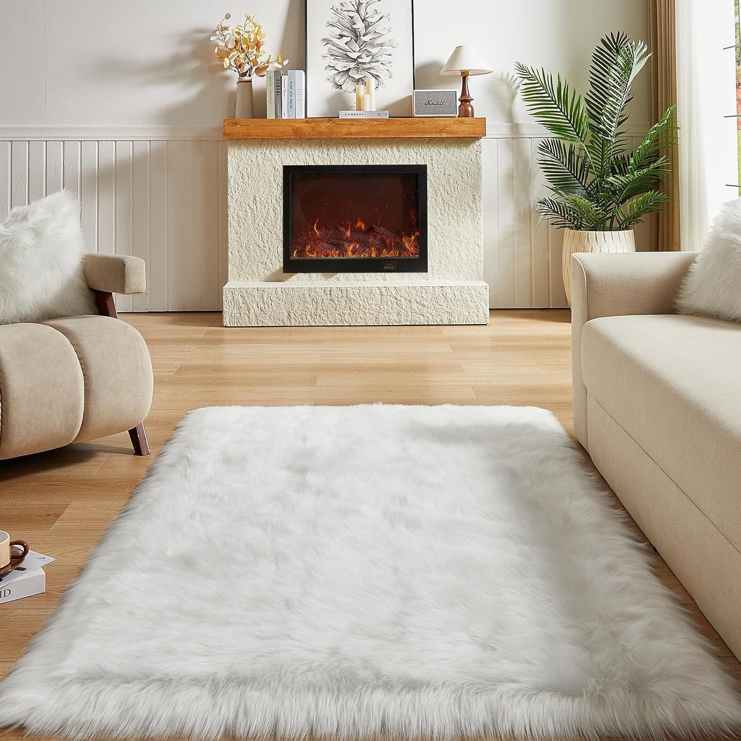 AMTOVO Faux Fur Sheepskin Rug for Living Room, 4 x 6 ft White Fluffy Area Rug for Bedroom, Playroom, Luxury Room Decor, Rectangle