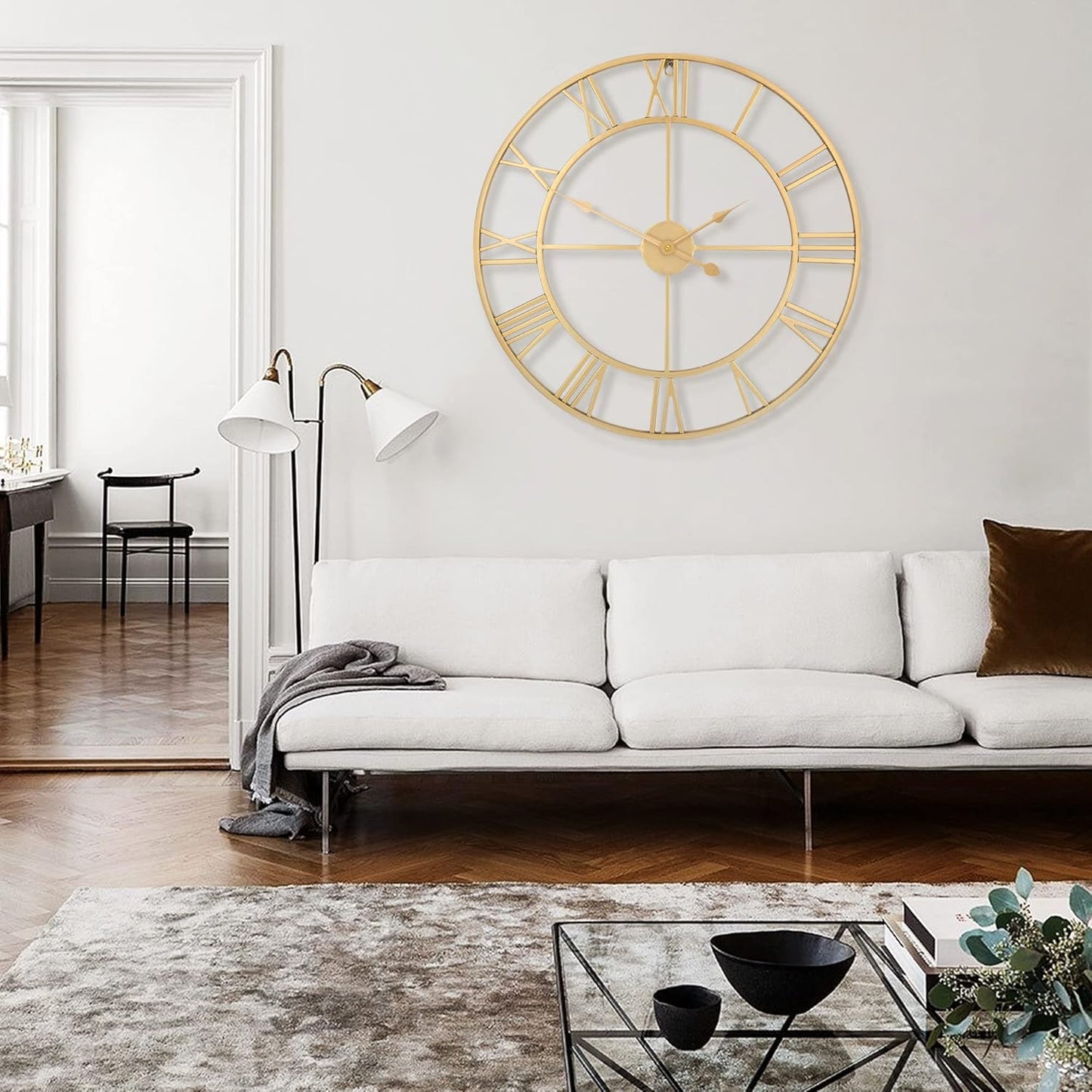 LEIKE Large Modern Wall Clocks,32" Gold Metal,Rustic,Round,Nearly Silent,Little Ticking,Battery Operated Roman Numerals Clock for Living Room/Bedroom/Kitchen Wall Decor-(Gold, 80cm)