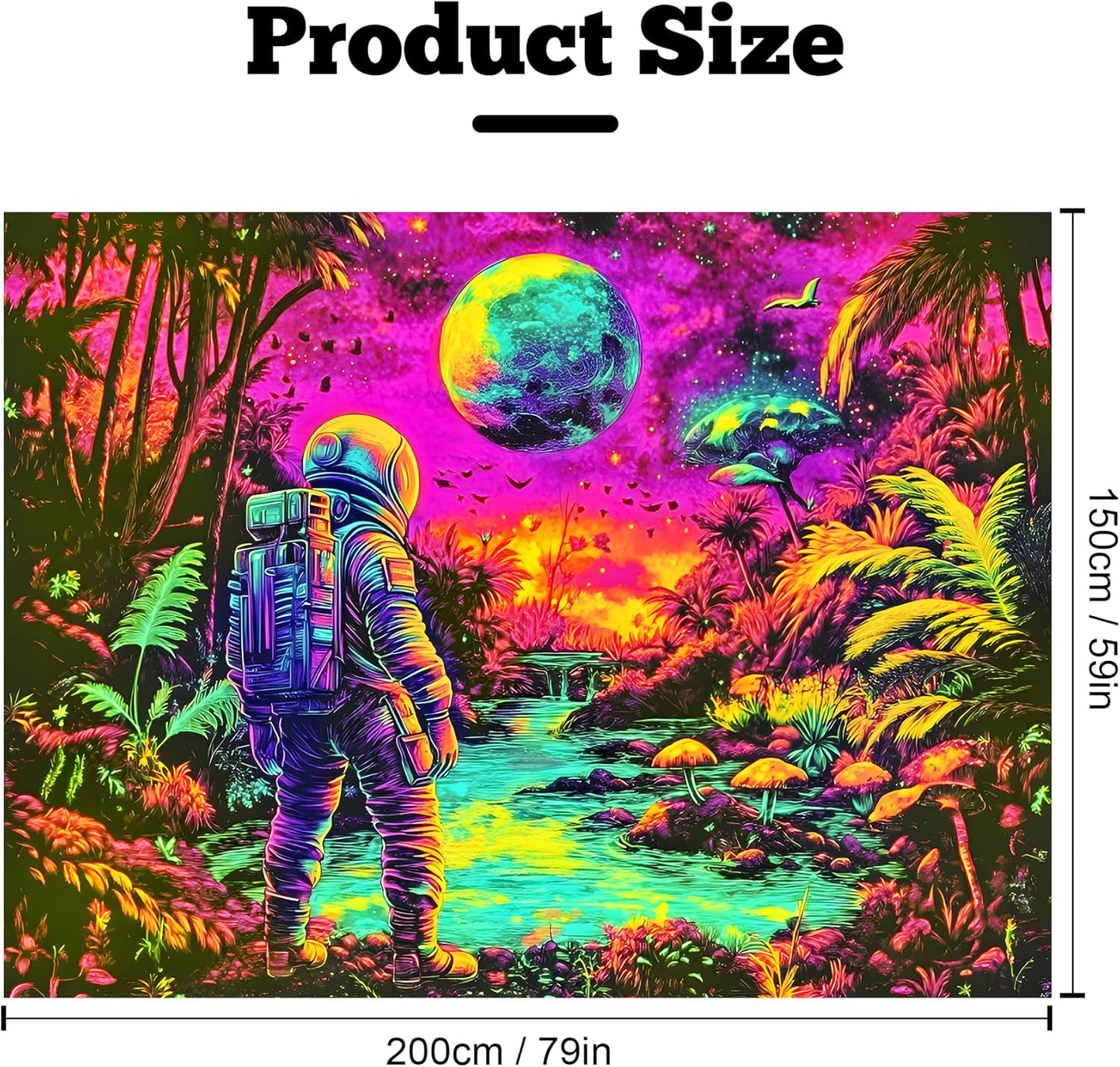 BVBOX Astronaut Space Blacklight Tapestry 79"x59", UV Reactive Astronaut Tropical Rainforest Universe Galaxy Planet Glow in Dark Tapestries, Black Light Neon Upright Poster Wall Hanging Backdrop Decor for Bedroom Living Room