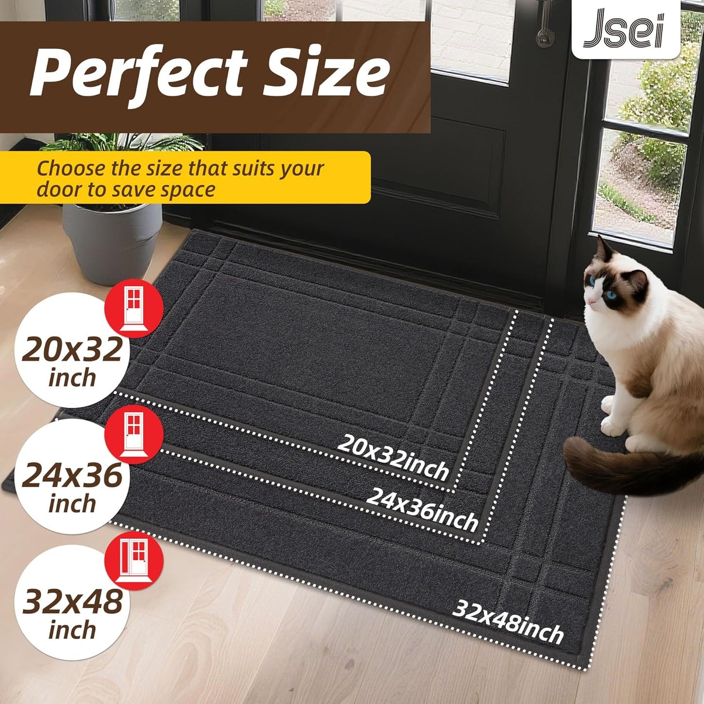 JSEI Entryway Rugs Doormat 32"x48", Non-Slip Dirt Trapper Door Mats Indoor, Washable Absorbent and Stain Resist Welcome Floor Mat for Front Door, Dog Door Mat, Muddy Wet Shoes & Paws, Dark Grey