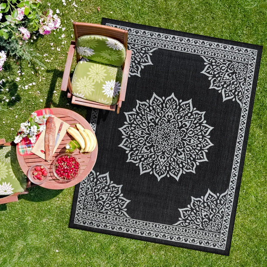 CAMILSON Outdoor Rug, 8x10 Medallion Black White Modern Area Rugs for Indoor and Outdoor Patios, Kitchen and Hallway Mats, Washable Porch Deck Outside Carpet (Medallion Black, 8 x 10)