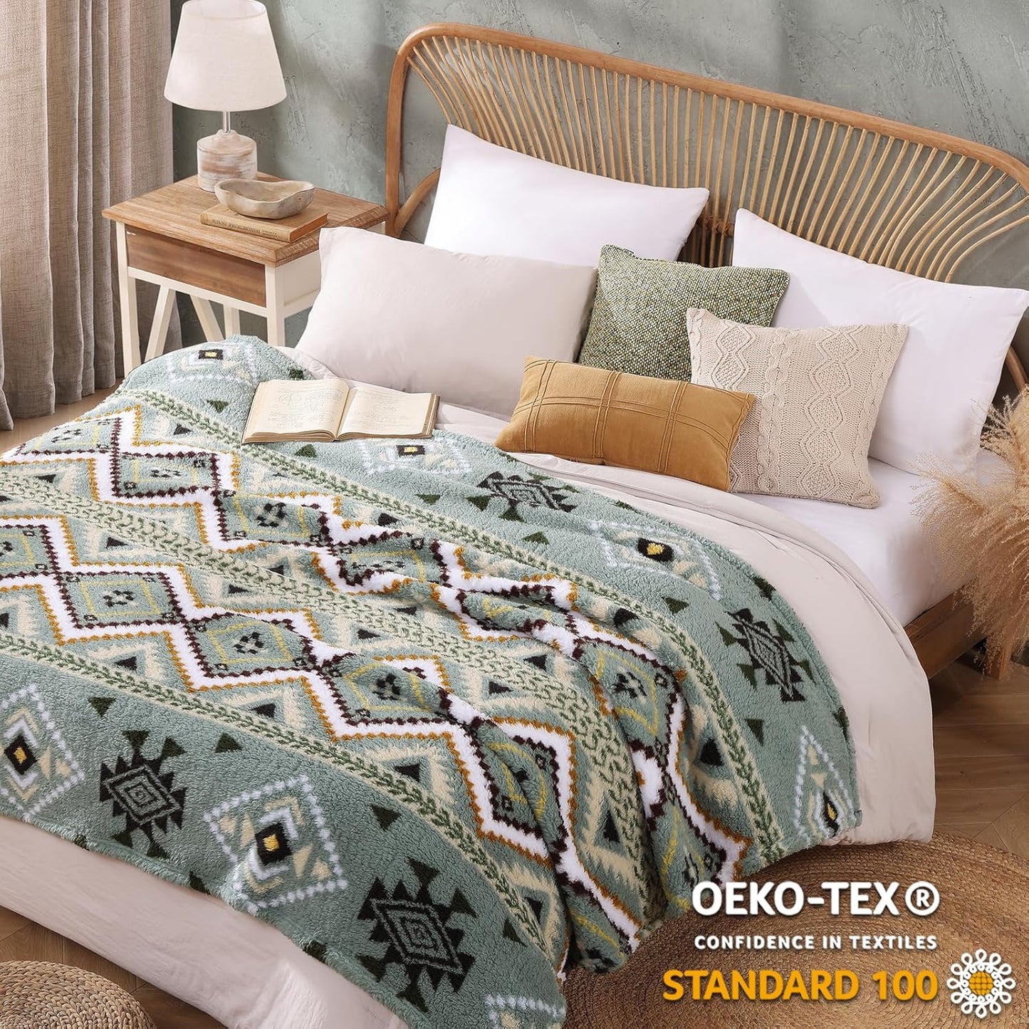 CASAAGUSTO Boho Sherpa Blanket, Aztec Twin Blanket,Ultra Soft, Warm, Cozy, Plush, Thick Fleece Throw Blanket for Couch, Bed, Sofa (Olive Green 60 * 80 Inch)