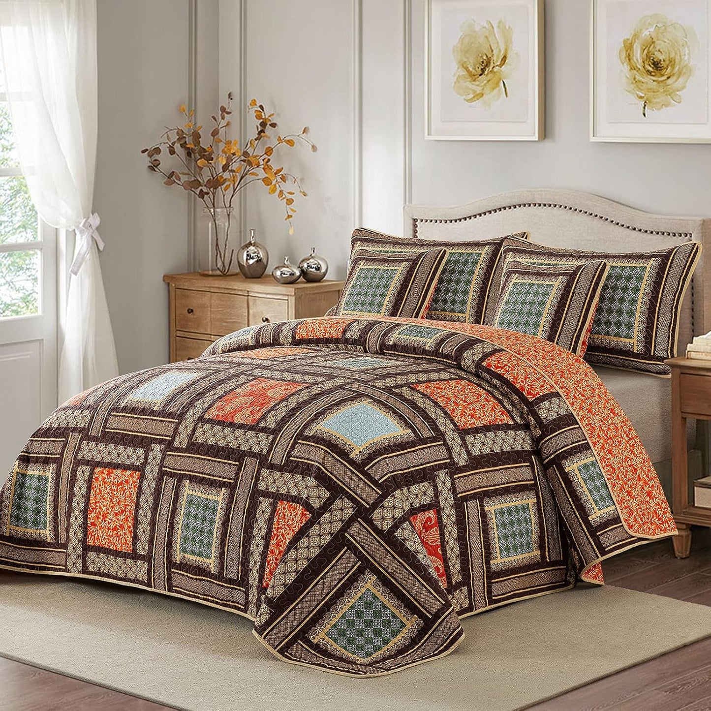 NEWLAKE Cotton Patchwork Bedspread, 3-Piece Bedding Quilt Set with Real Stitched Embroidery, Reversible Matelasse Bed Coverlet Set,Bohemian Farmhouse,Queen Size