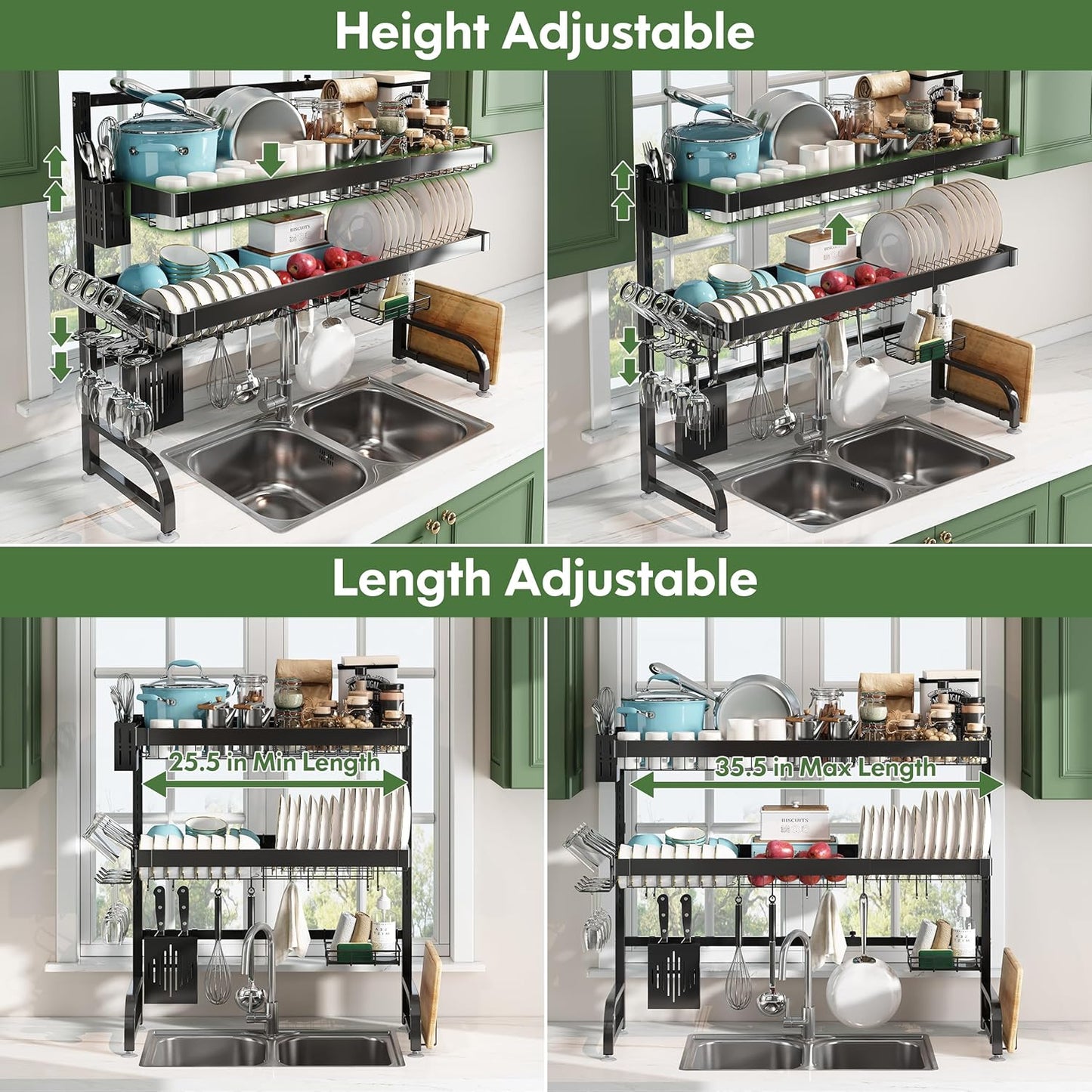 3 Tier Extra Large Stainless Steel Expandable Over The Sink Dish Drainer Drying Rack, Rust Proof Metal, Space Saving, Modern Black Big Capacity Extendable Plate Strainers Above Kitchen Counter