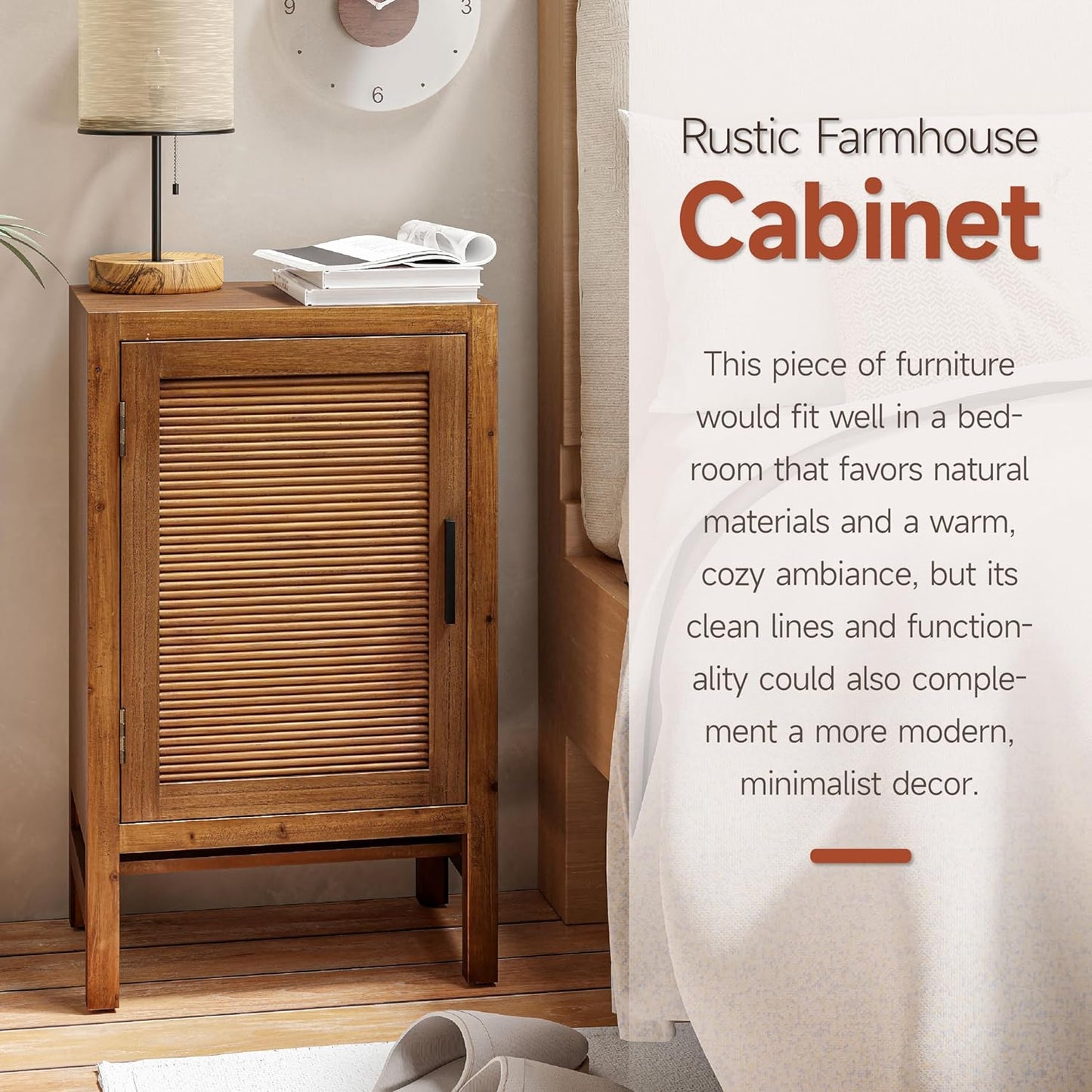 1 Door Farmhouse Nightstand, Rustic Slat Door Cabinet with 2 Shelves, Accent End Table with Storage for Bedroom, Brown