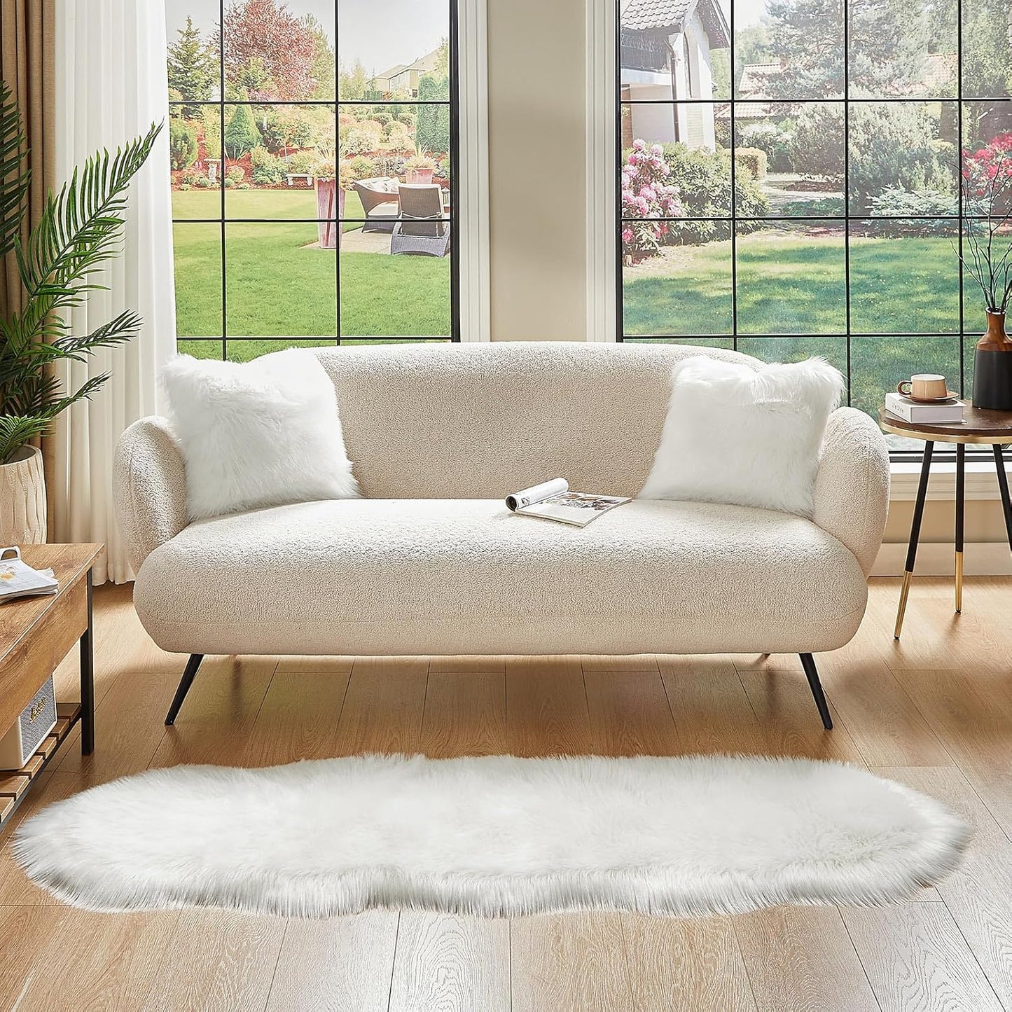 AMTOVO Faux Sheepskin Rug, White Ultra Soft Fluffy Shag Area Rug, 2 x 6 ft Faux Fur Rug for Bedroom Sofa Throw Cushion Room Decor, Sheepskin
