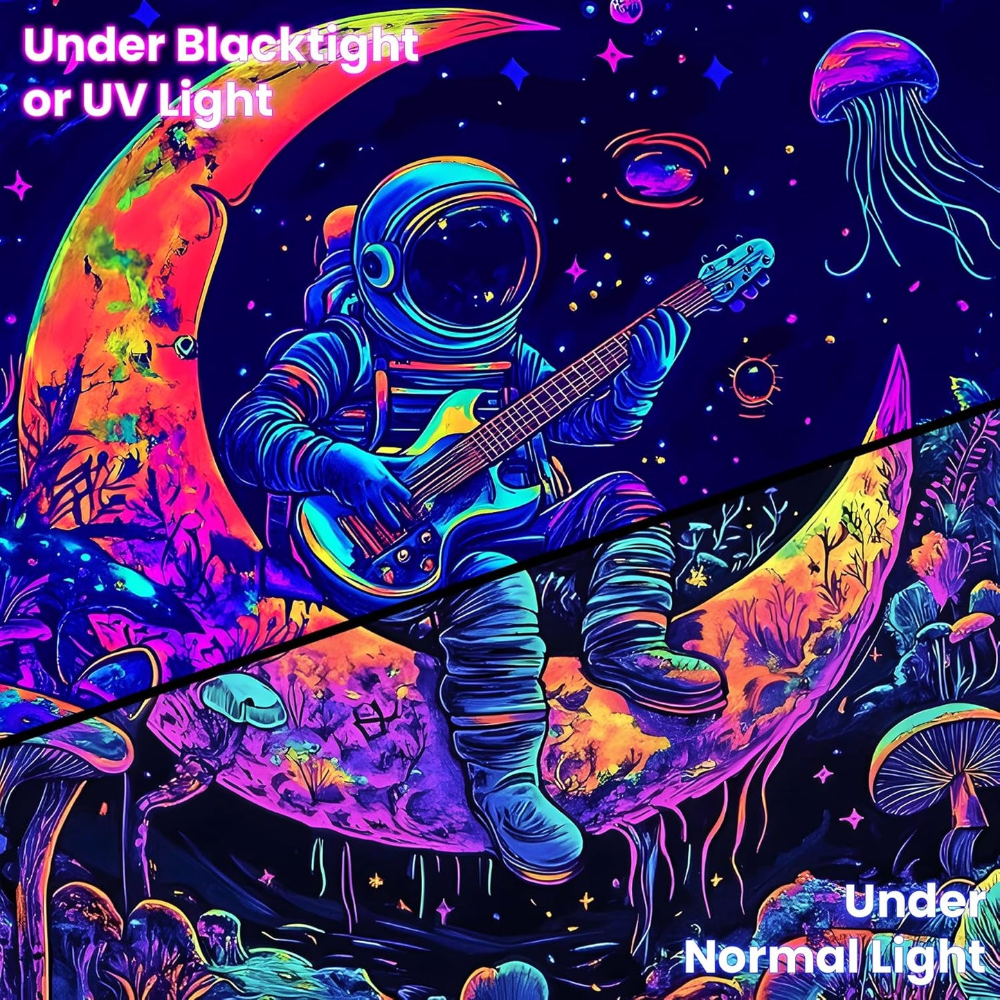 BVBOX Astronaut Space Blacklight Tapestry 79"x59", UV Reactive Astronaut Guitar Moon Universe Galaxy Planet Glow in Dark Music Tapestries, Black Light Neon Upright Poster Wall Hanging Backdrop Decor for Bedroom Living Room