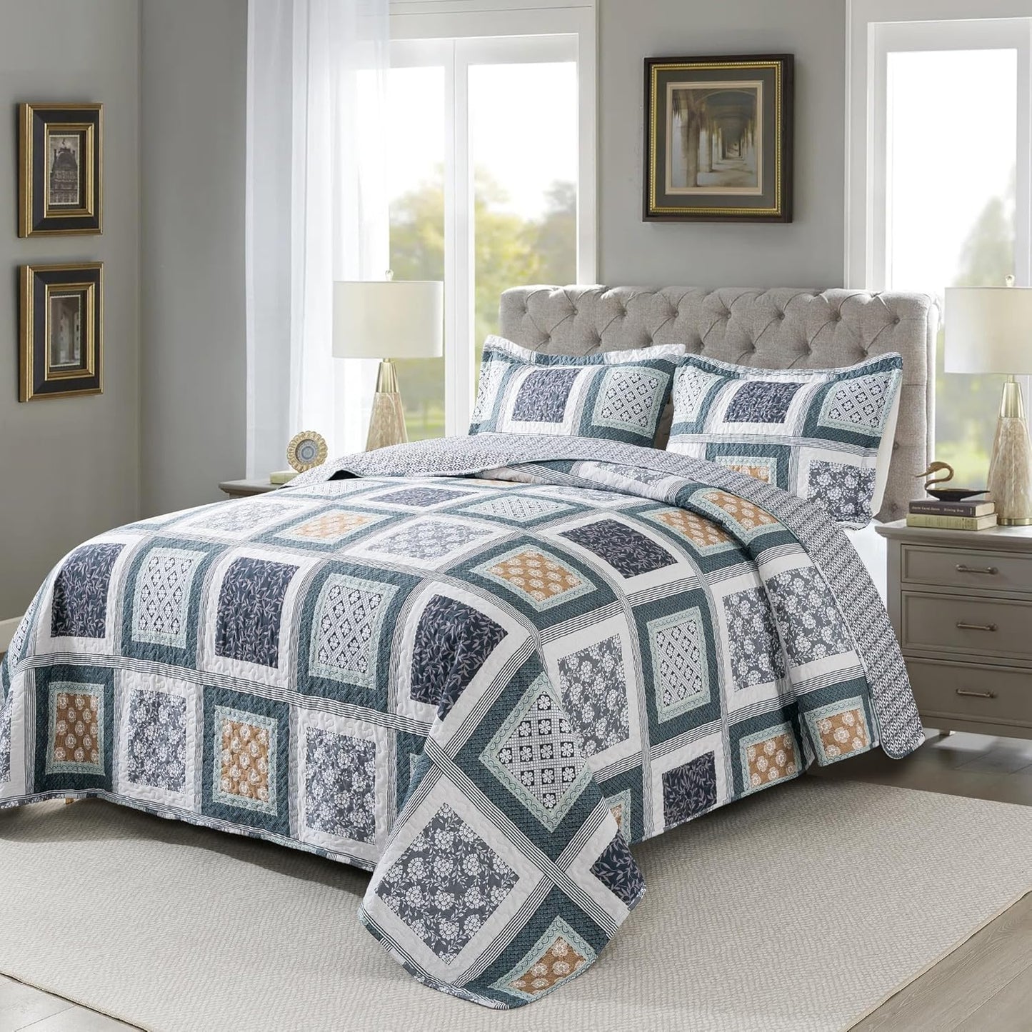 NEWLAKE Quilt Bedspread Sets - Bohemian Farmhouse Pattern Reversible Coverlet Set, Queen Size