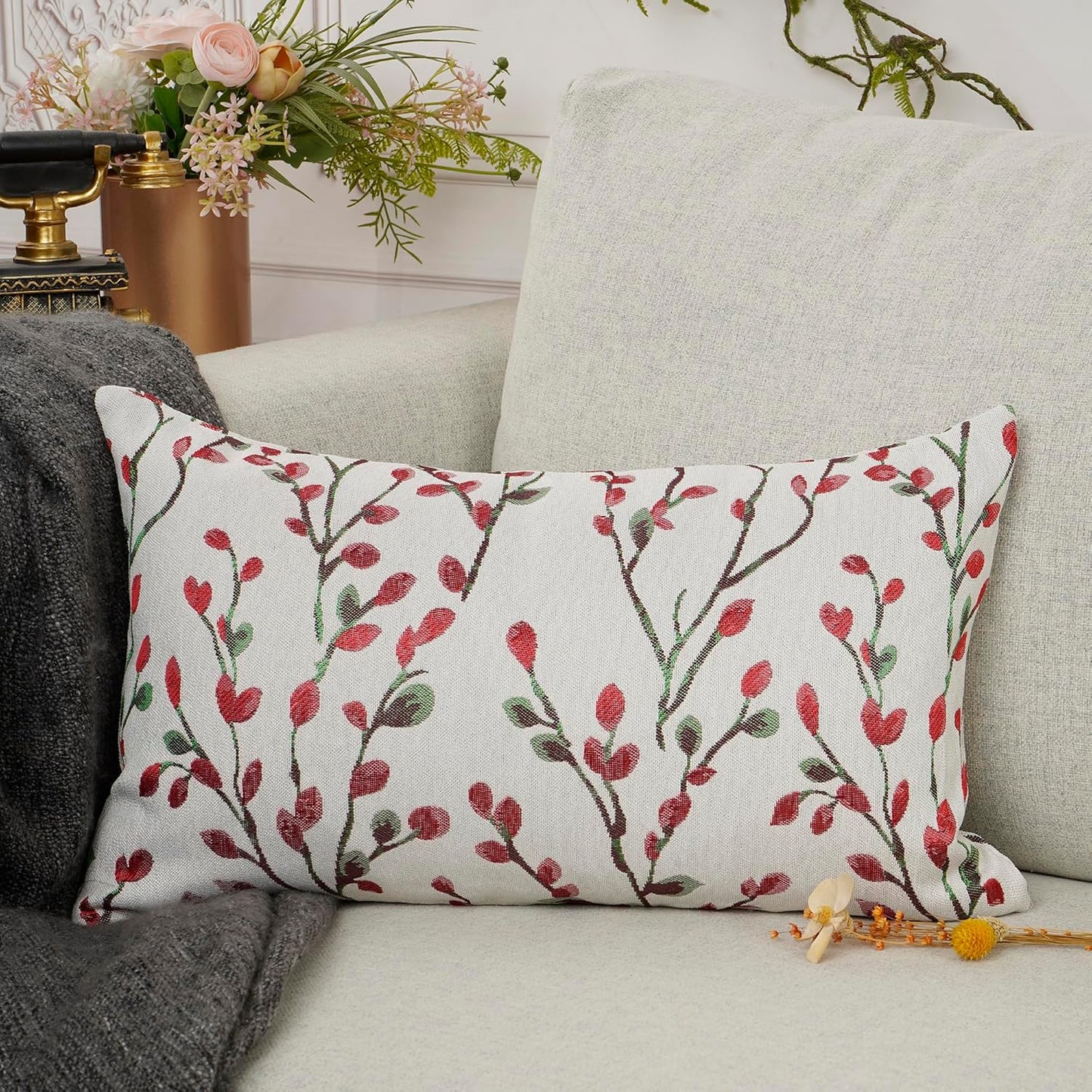 YOUR SMILE Classical Embroidery Jacquard Christmas Red Square Decorative Throw Pillow Case Cushion Cover,12x20 inch