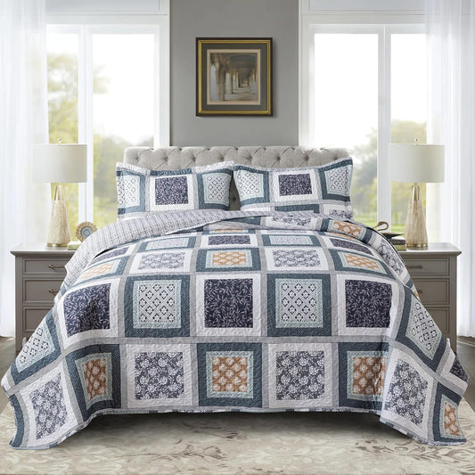 NEWLAKE Quilt Bedspread Sets - Bohemian Farmhouse Pattern Reversible Coverlet Set, Queen Size