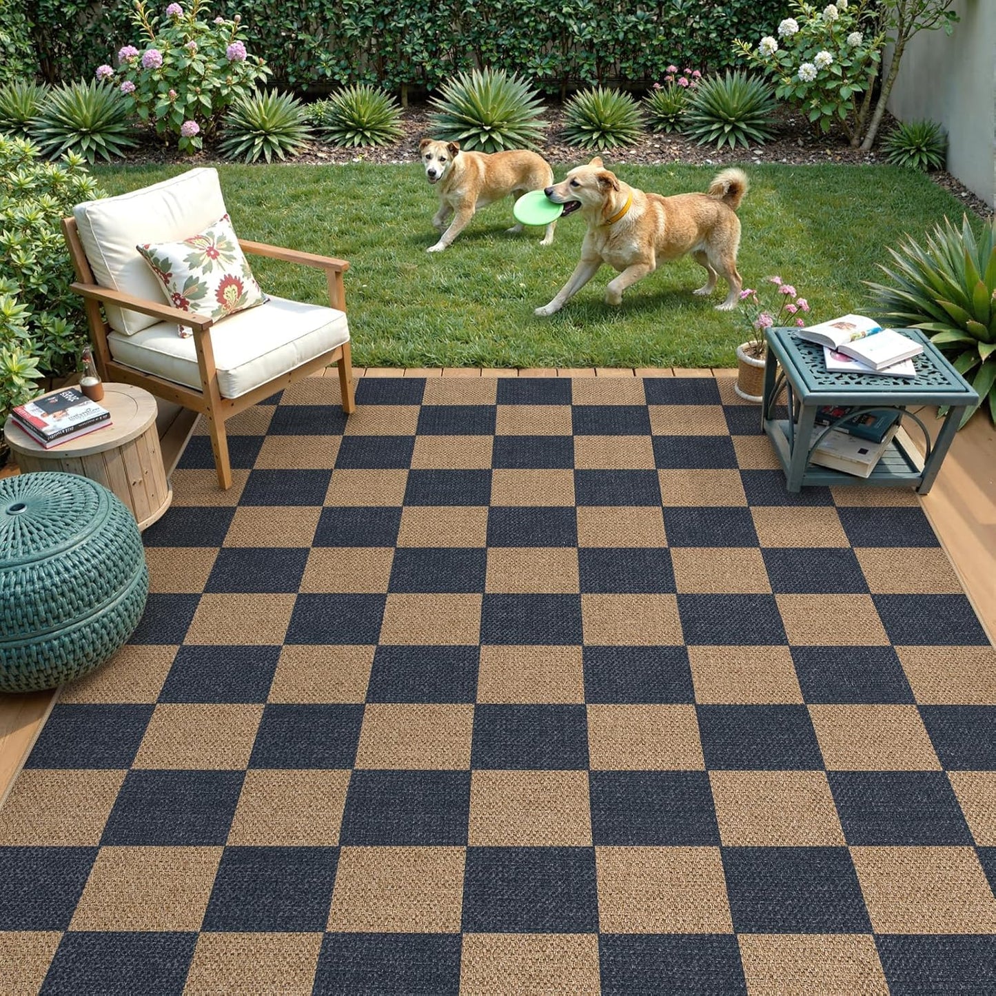 Lahome Checkered Easy Jute Living Room Rugs, 5x7 Dining Room Office Rug Farmhouse Outdoor Patio Carpet, Checkerboard Washable Non Slip Indoor Outdoor Blue Carpet for Backyard Entry Deck