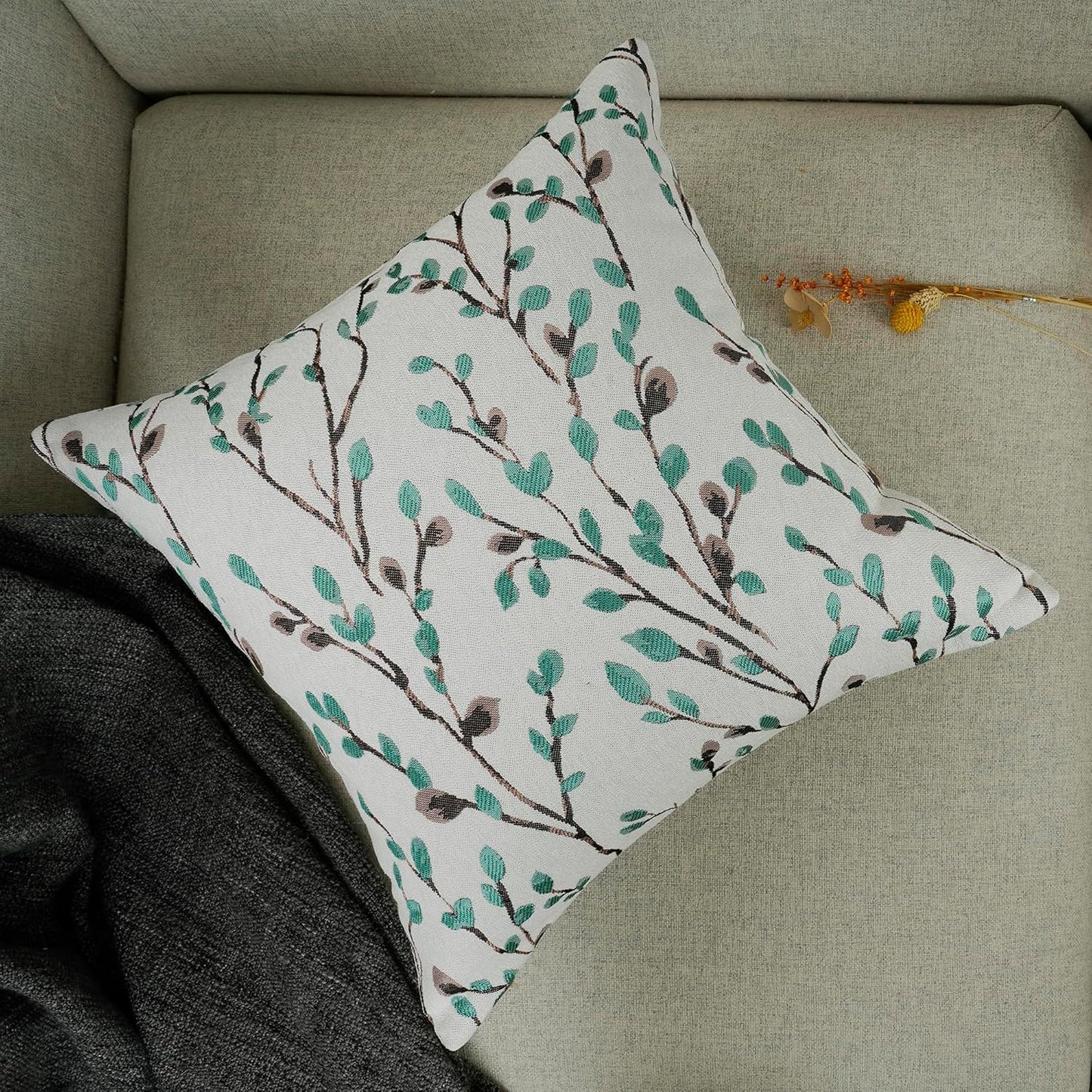 YOUR SMILE Classical Embroidery Jacquard Green Square Decorative Throw Pillow Case Cushion Cover 18x18 inch