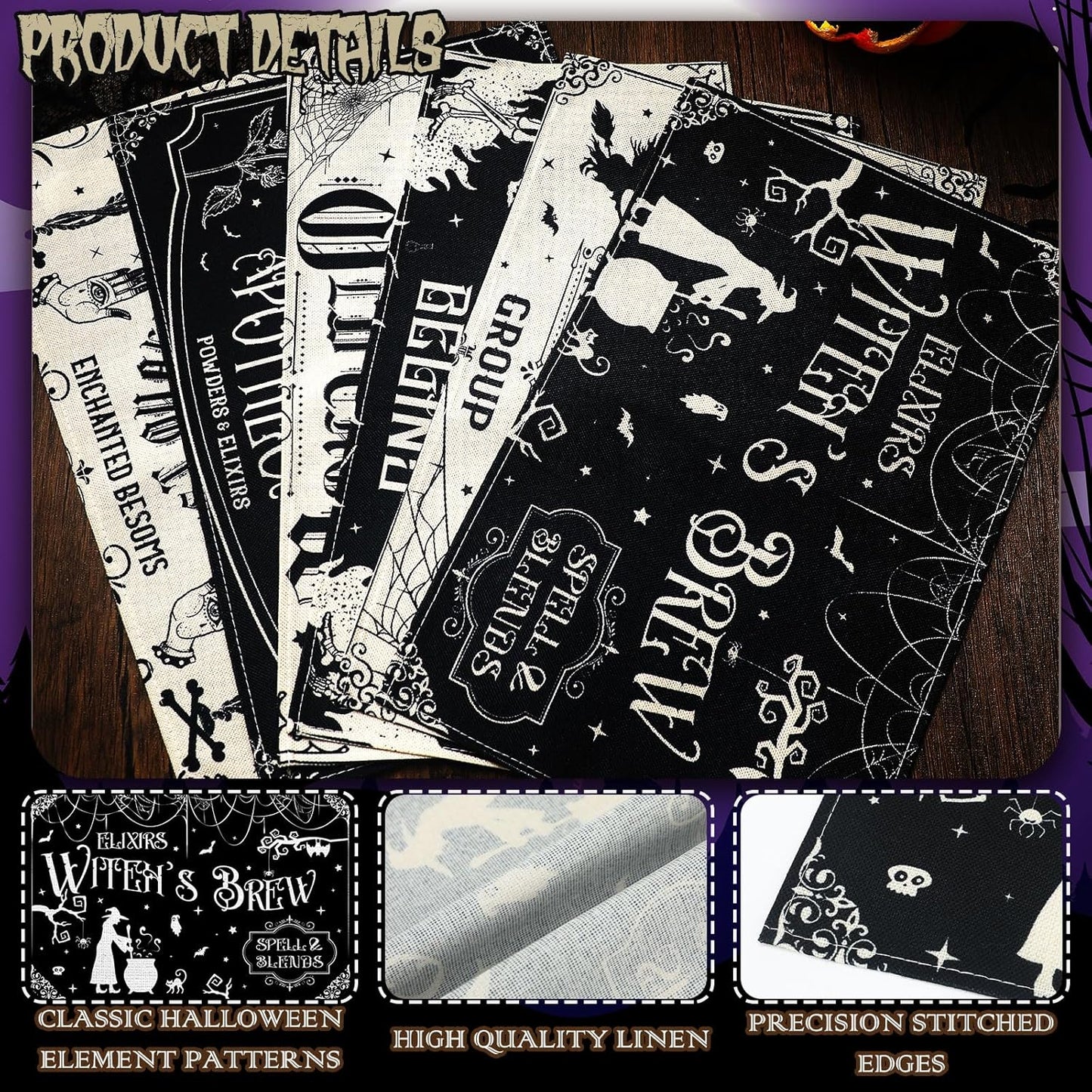 Umigy 6 Pcs Halloween Placemats 12"x18" Gothic Bat Placemats Kitchen Decoration Washable Witch Place Mats Rectangle Skull Table Mats for Halloween Dining Table Accessories(Black White Character Style)