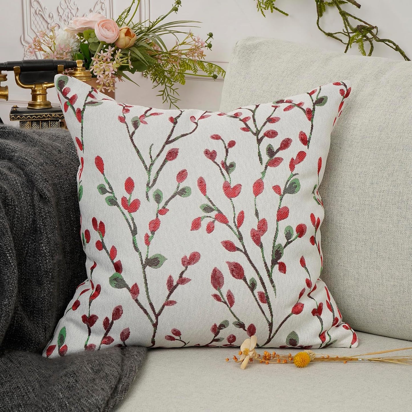 YOUR SMILE Christmas Red Classical Embroidery Jacquard Teal Leaf Pattern Square Decorative Throw Pillow Case Cushion Cover 18 x 18 inch