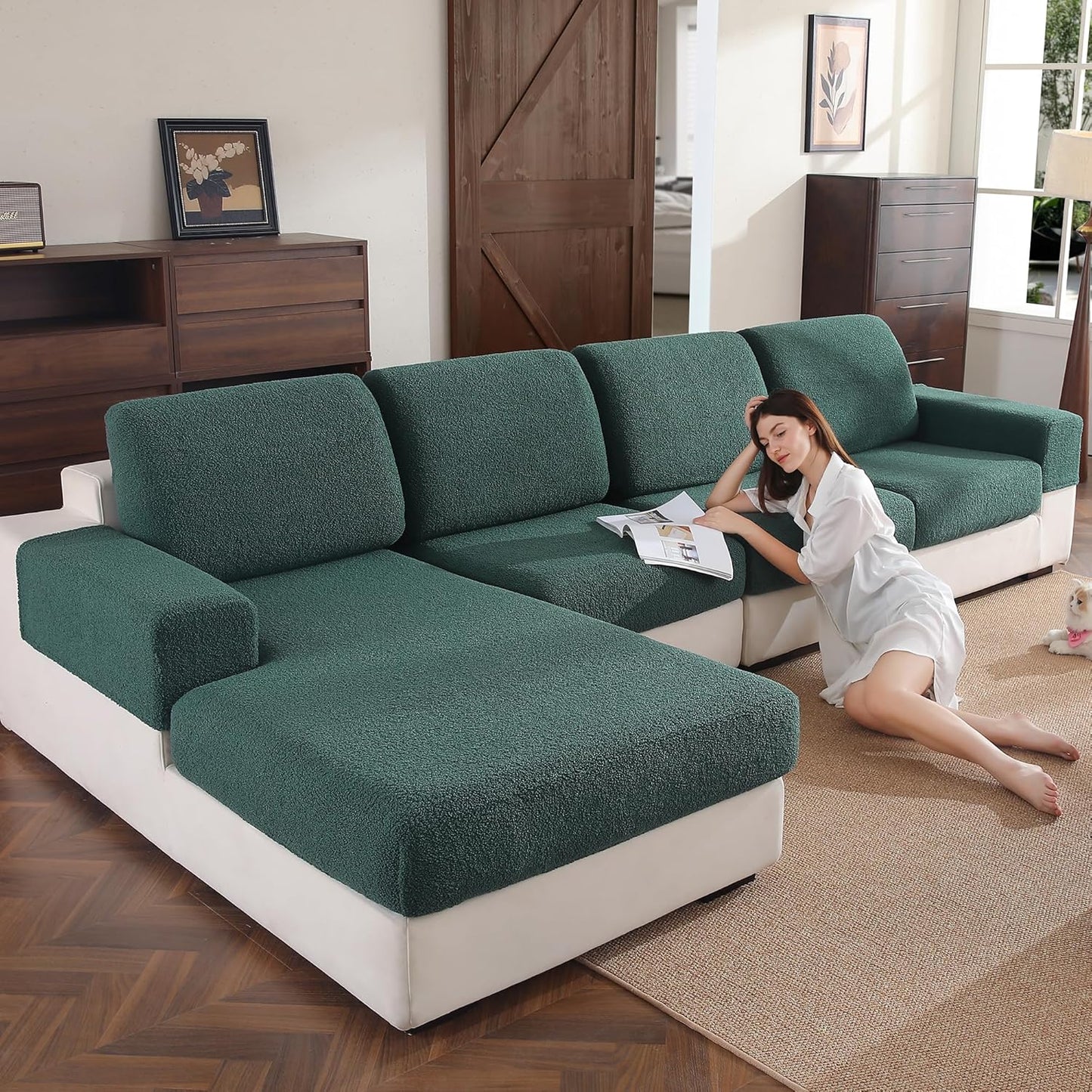 Couch Cushion Covers for Sectional Sofa, Stretch Soft Sofa Slipcovers Washable Wear-Resistant Universal Furniture Protector for Living Room(2 Seaters Covers+1 Chaise Cover, Green)