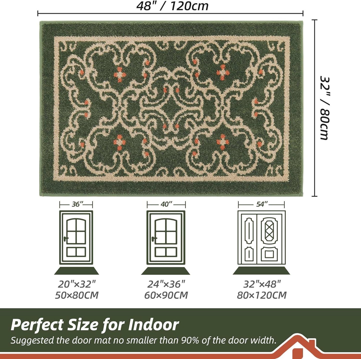 BEQHAUSE Dirt Trapper Door Mat 32" x 48", Non-Slip Entryway Rugs Washable, Floor Mat Stain Resistant and Absorbent Welcome Mat for Front Back Door, Muddy Wet Shoes & Paws, Green and Vining Floral