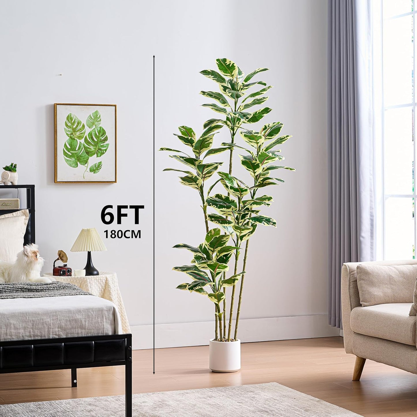 Artificial Rubber Plant 6FT Faux Plants Indoor Fake Rubber Tree with White Planter, Tall Fake Plants Potted Tree Floor Plant in Pot, Artificial Trees for Home Office Room Outdoor Decor