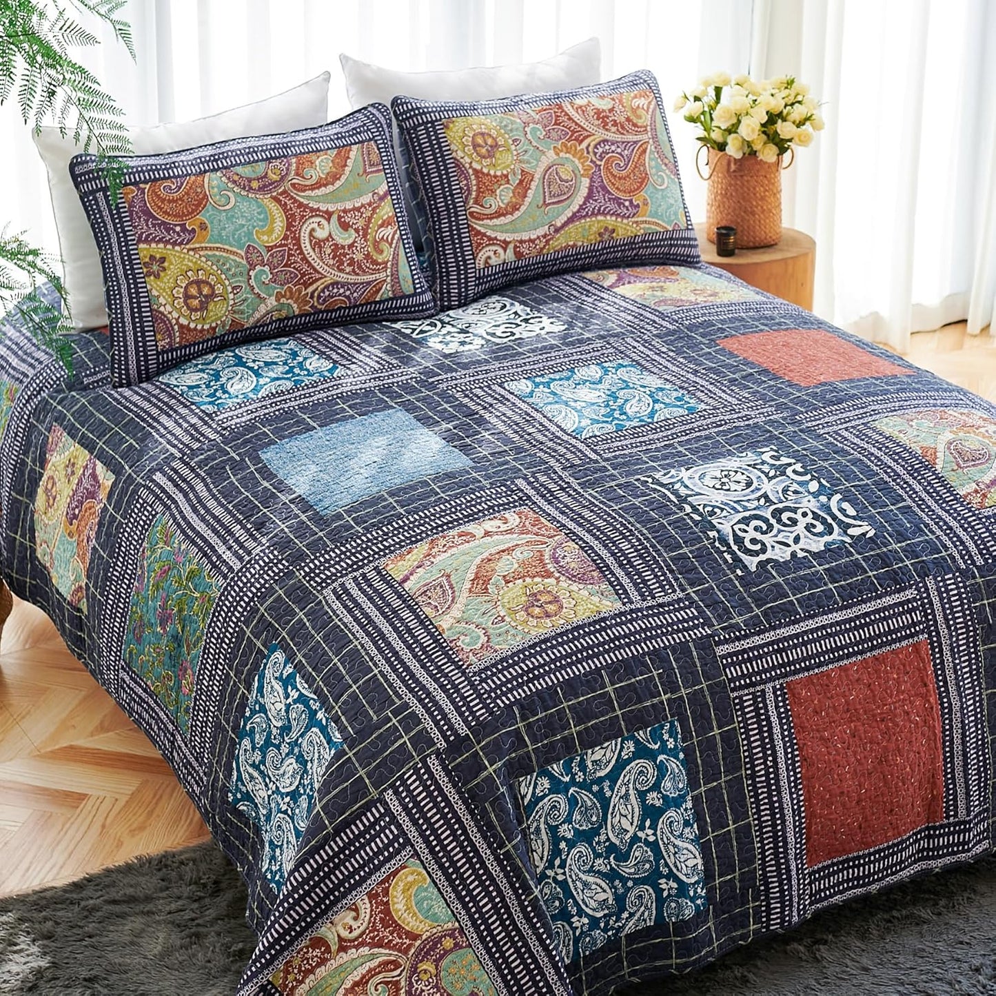 Secgo California King Quilt Size - 100% Cotton Oversized California Comforter Set Bedding Sets (120 * 110 Inch) with 2 Pillow Shams, Patchwork Reversible Lightweight Bedspread