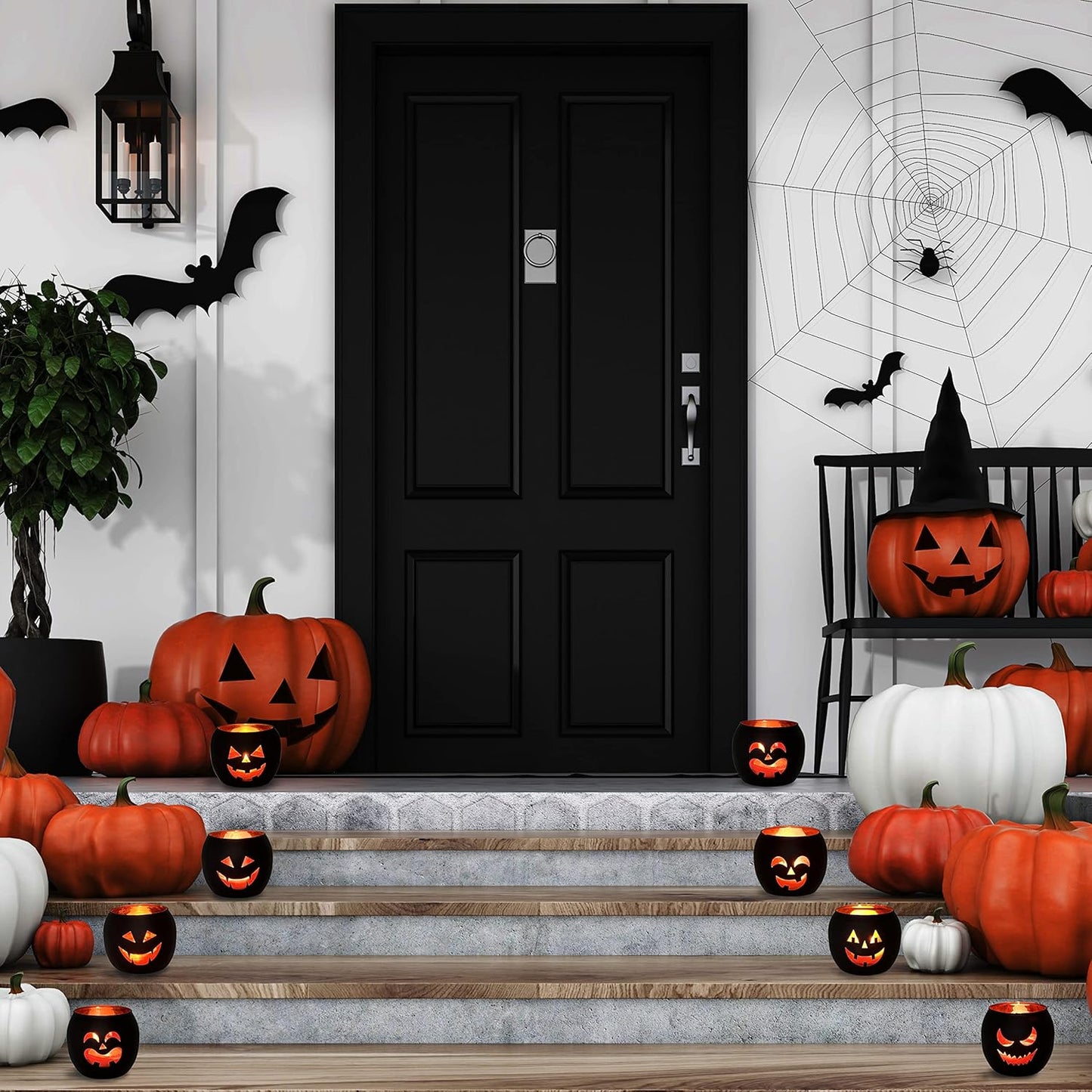 SHMILMH Halloween Table Centerpiece Candle Holders Set of 12, Black and Gold Glass Votive Holder with 6 Grimace, Tealight Holders Bulk for Halloween Party D?or