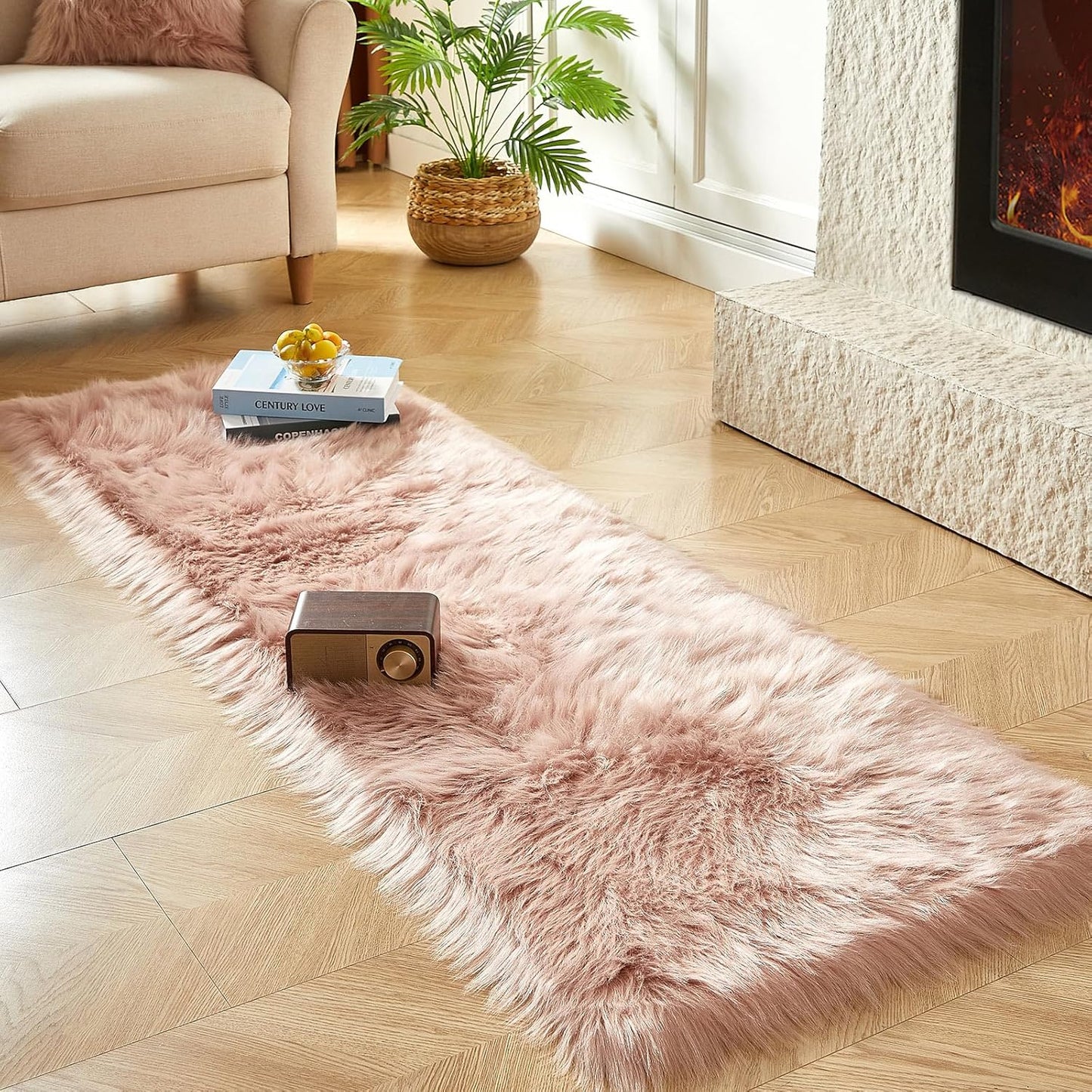 AMTOVO Faux Fur Rug, Pink Ultra Soft Fluffy Shag Sheepskin Rug, 2 x 6 ft Runner Area Rugs for Bedroom Sofa Throw Cushion Room Decor, Rectangle