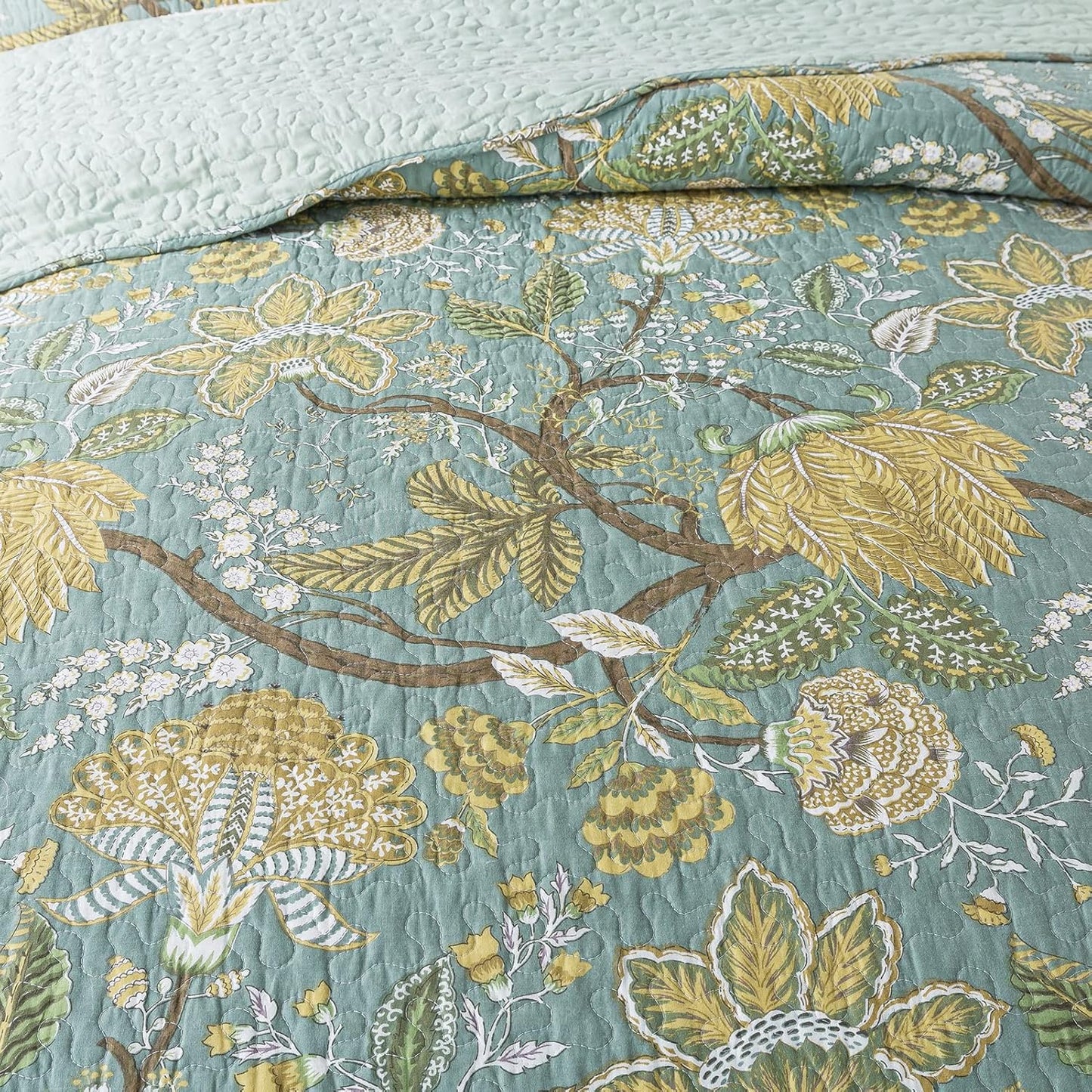 NEWLAKE Cotton Bedspread Quilt Sets-Reversible Patchwork Coverlet Set, Green Floral Pattern, Queen Size