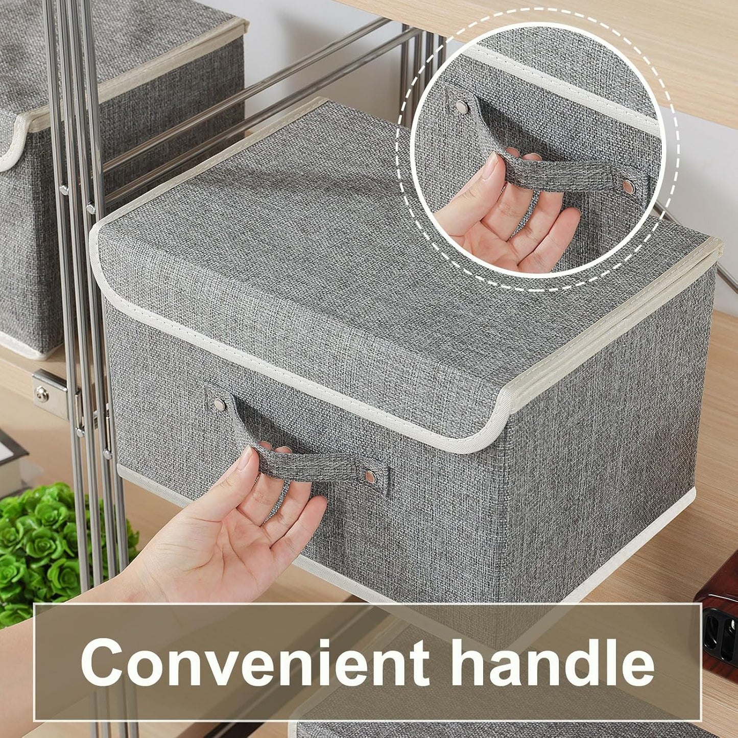 Storage Boxes, Collapsible Storage Bins with Lids, Cotton and linen cloth Storage Baskets with Handle, for Books, Closet, Bedroom, Home, 13x9.1x7.9 in, Grey