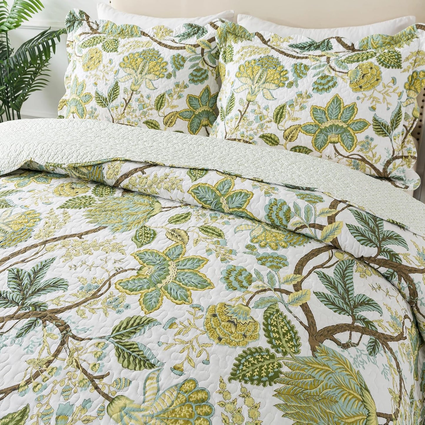 NEWLAKE Cotton Bedspread Quilt Sets - Reversible Patchwork Coverlet Set, Floral Vine Pattern, Queen Size