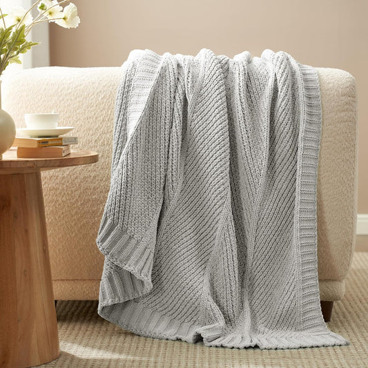 Amélie Home Chenille Knit Throw Blanket for Couch, Chevron Texture Decorative Soft Blanket for Sofa, Bed & Chair, 50"x60", Light Grey