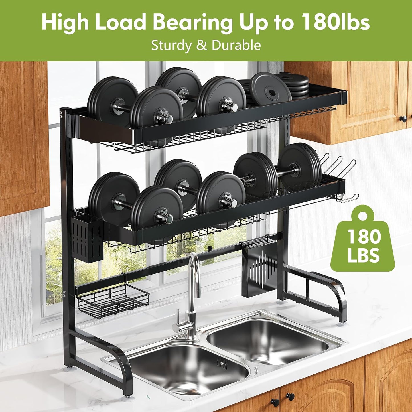 3 Tier Extra Large Stainless Steel Expandable Over The Sink Dish Drainer Drying Rack, Rust Proof Metal, Space Saving, Modern Black Big Capacity Extendable Plate Strainers Above Kitchen Counter