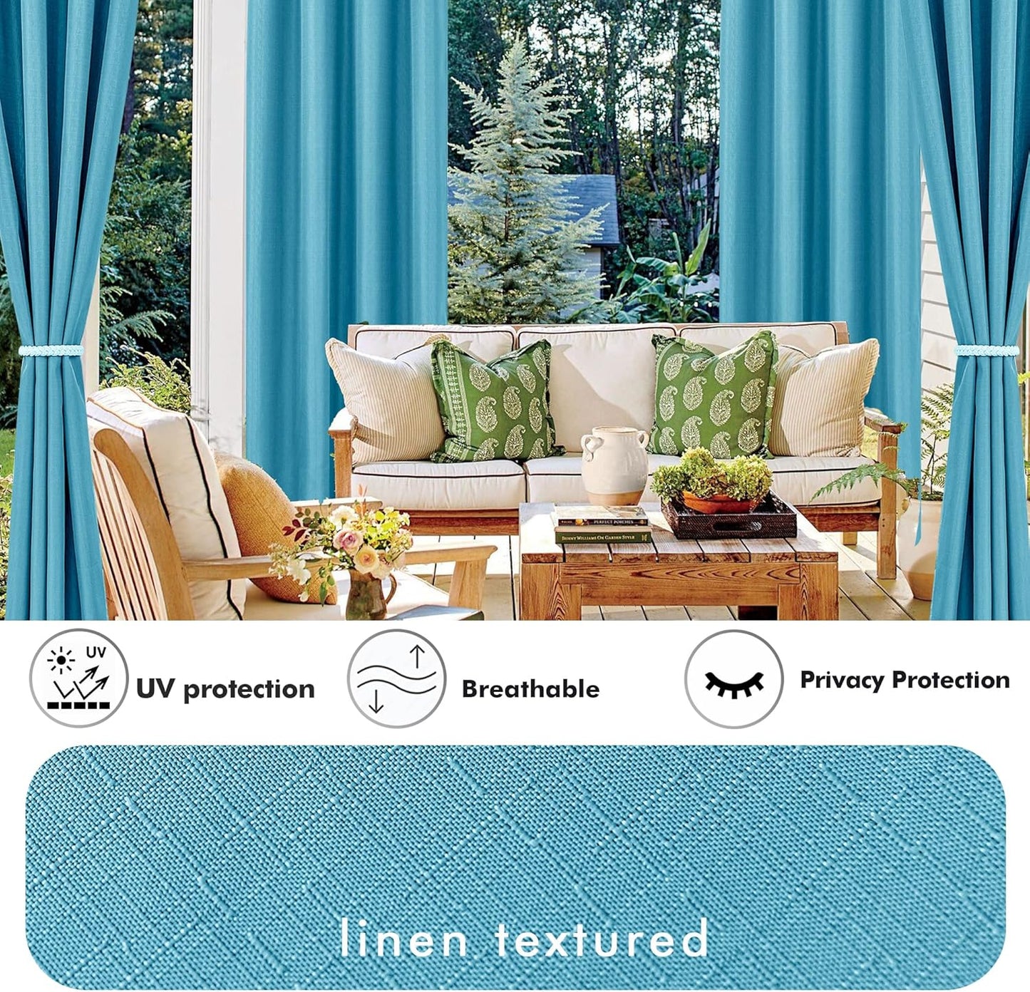 HolidayIdeas 4 Panels Linen Outdoor Curtains for Patio Waterproof-Teal Outside Curtains 54"x 84"-Indoor/Outdoor Curtains Weatherproof, Privacy for Pergola, Porch, Gazebo, Living Room, Backyard