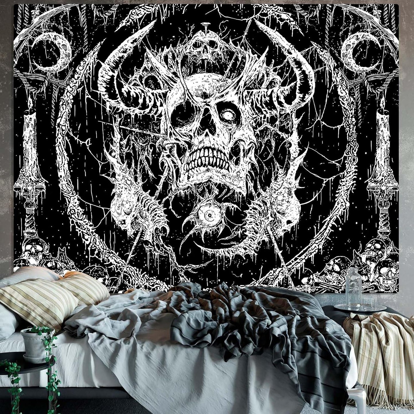 Lifeella Skull Tapestry, Gothic Horror Moon Skeleton Mystic Dark Tapestries for Bedroom Grunge Wall Hanging Black and White 44 x 60 inch
