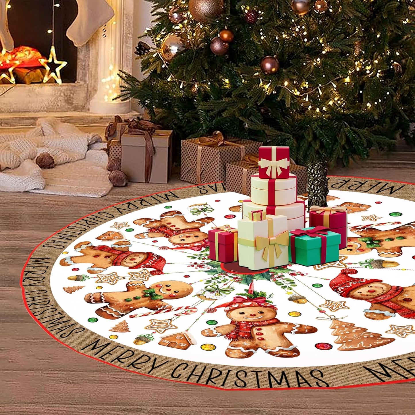 Baccessor Christmas Tree Skirt 36 Inch, Merry Christmas Cute Gingerbread Man Christmas Tree Skirt Collar for Xmas Winter Holiday Farmhouse Vintage Rustic Party Decoration