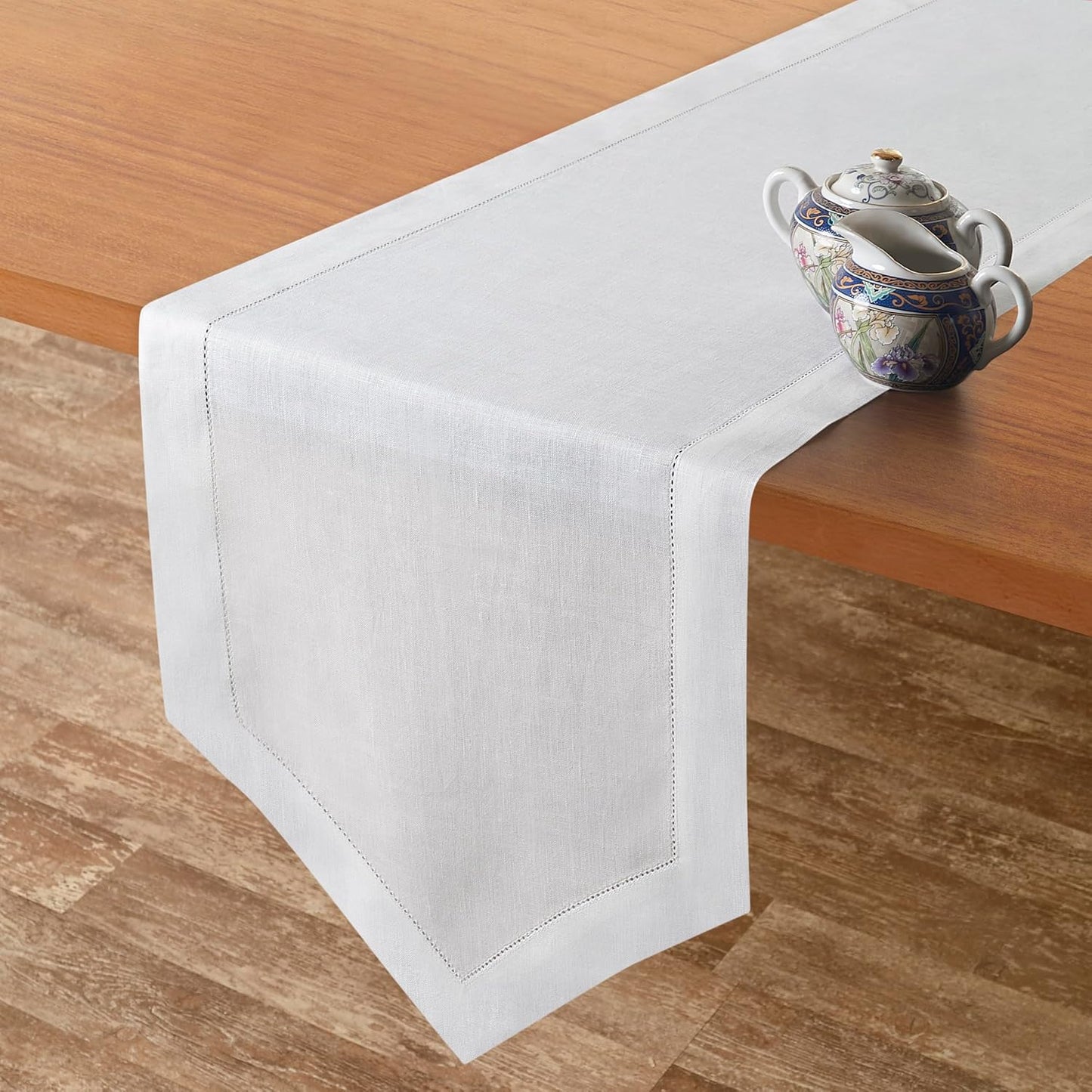 D'Moksha Homes White Linen Table Runner 60 Inches Long - 100% Pure Linen Diamond Table Runner 14 x 60 Inch for Dining, Fall and Halloween - Machine Washable