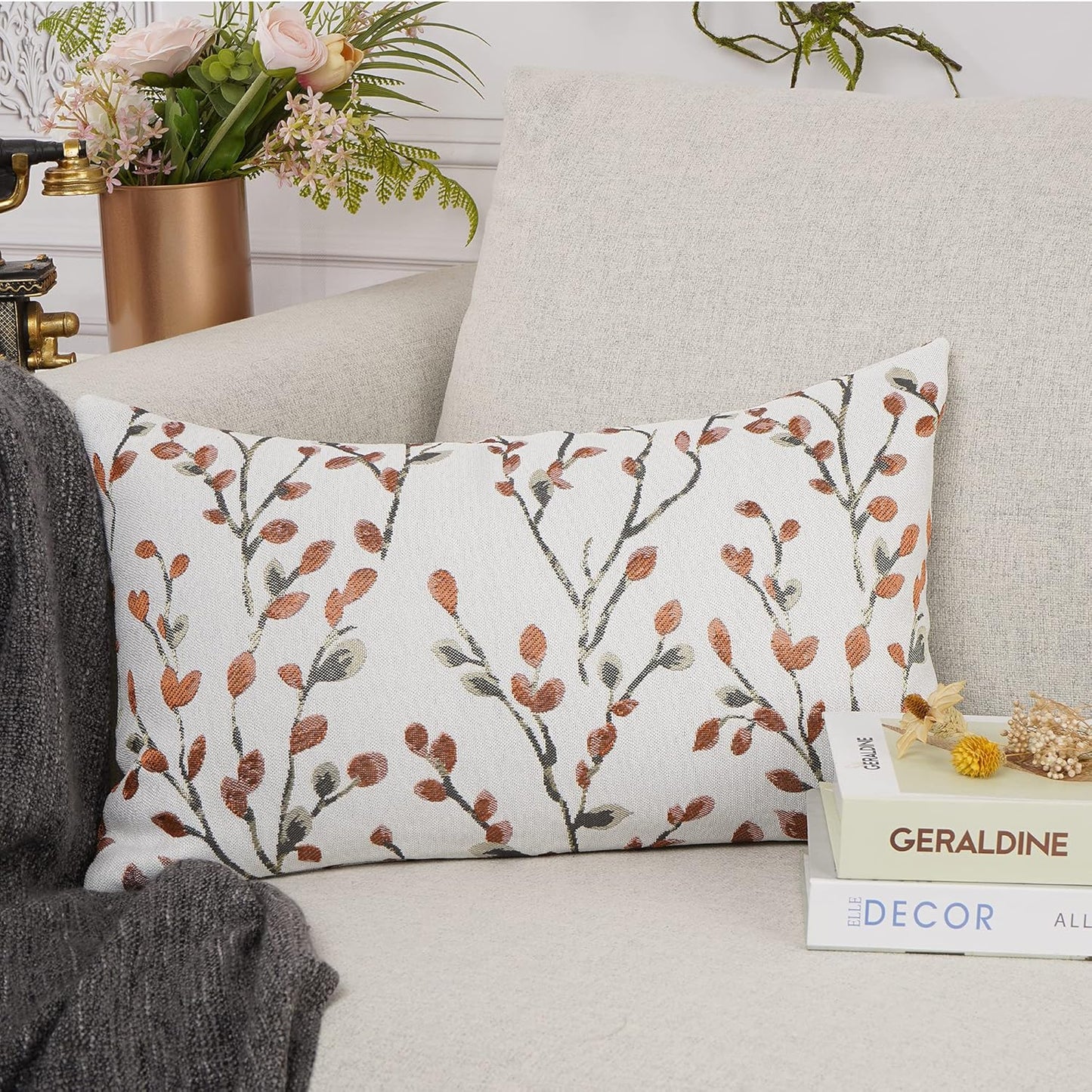 YOUR SMILE Classical Embroidery Jacquard Orange Square Decorative Throw Pillow Case Cushion Cover,12x20 inch