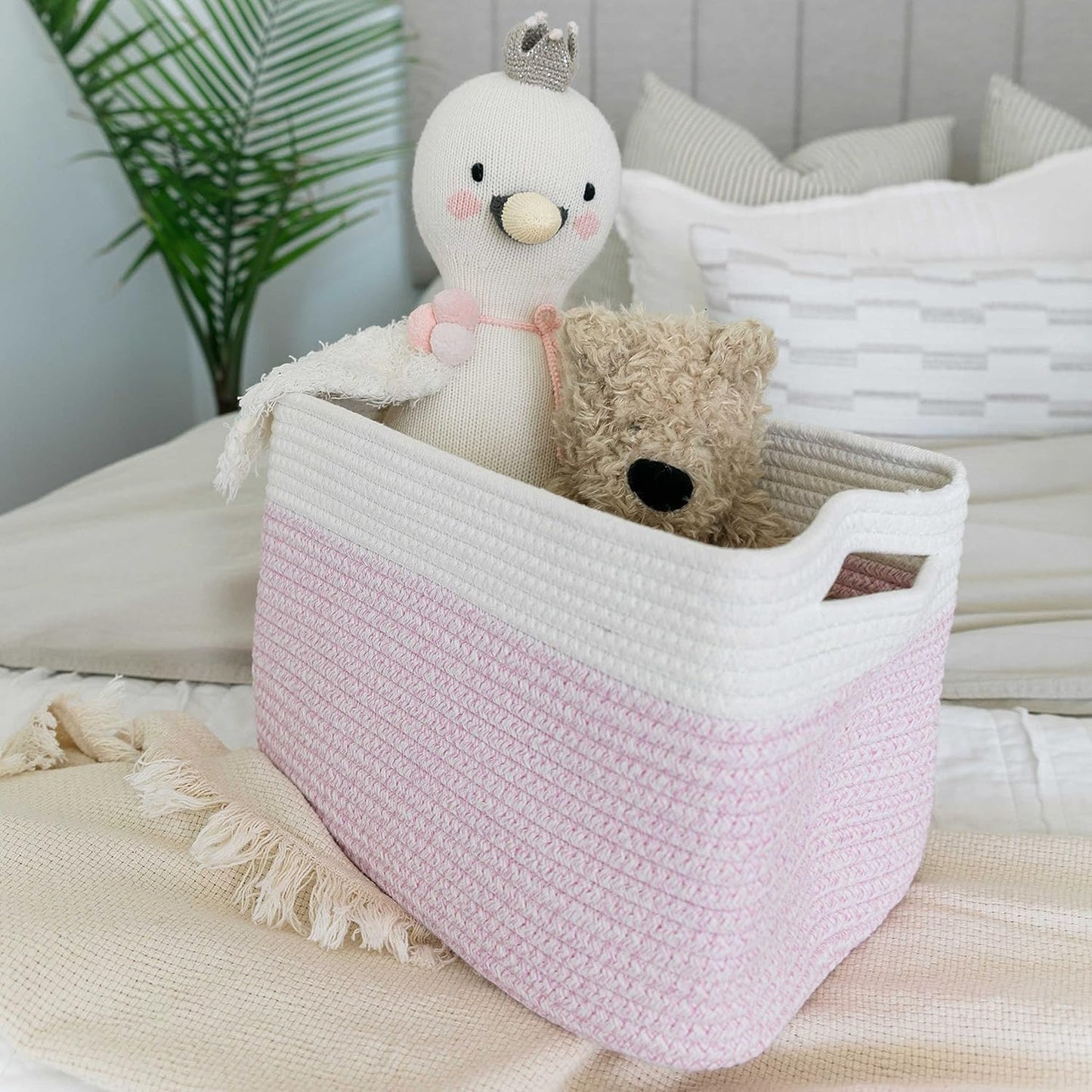 OrganiHaus Woven Storage Baskets for Organizing, Cotton Rope Organizer Bins for Shelves, Closet & Nursery, Dog Toy Basket, Decorative Bins for Toys, Towels & Books - 15x10x9, Pink/Off-White