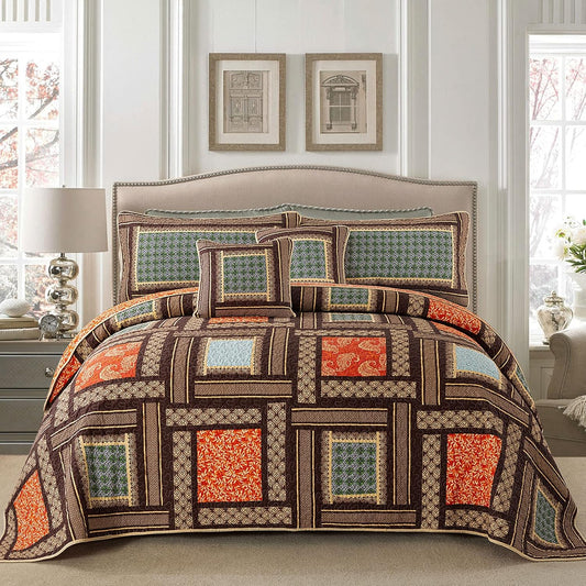 NEWLAKE Cotton Patchwork Bedspread, 3-Piece Bedding Quilt Set with Real Stitched Embroidery, Reversible Matelasse Bed Coverlet Set,Bohemian Farmhouse,King Size